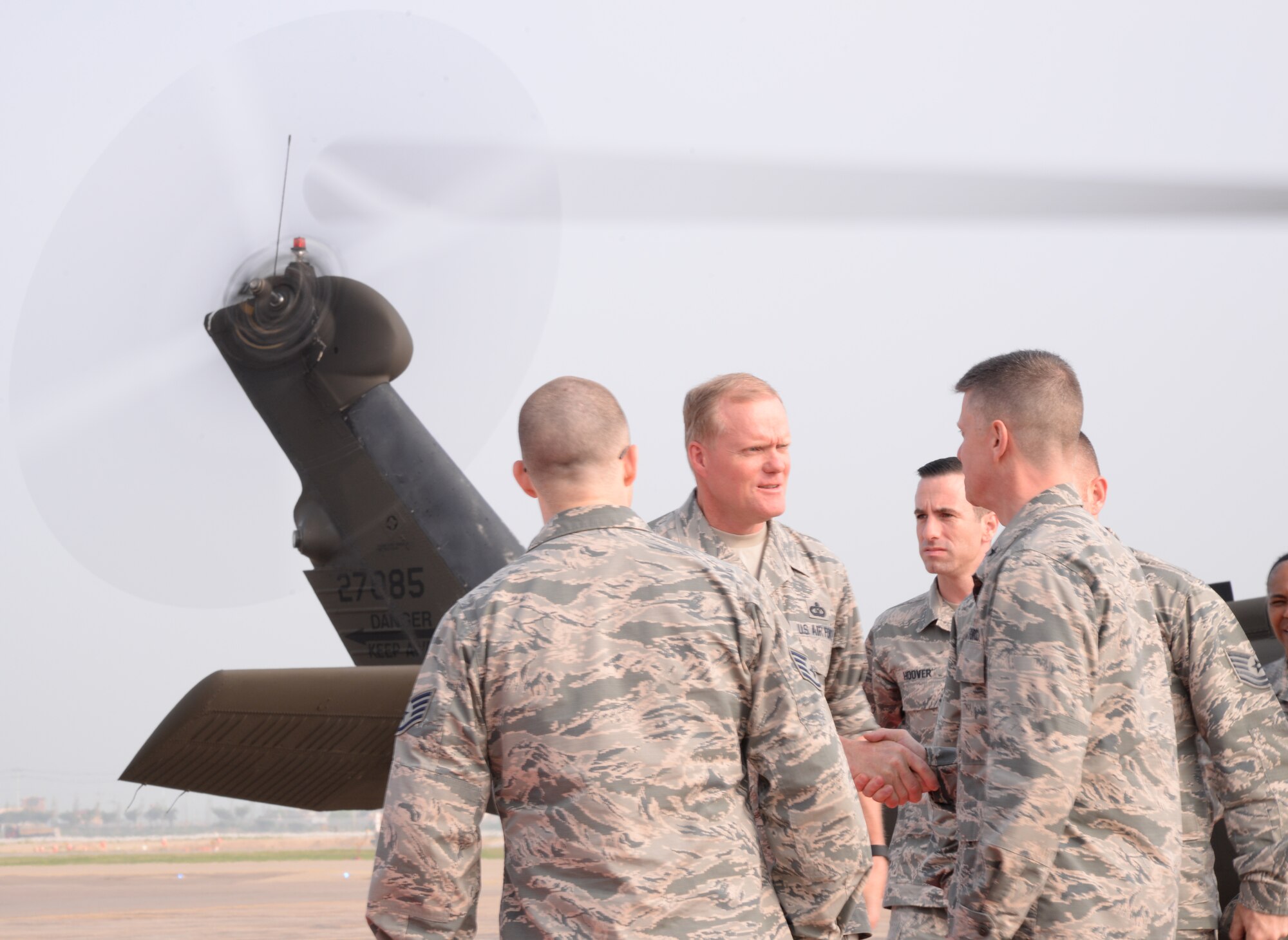 Chief Master Sgt. of the Air Force James Cody, the Air Force's highest ranking enlisted Airman, shakes hands with Brig. Gen. Kyle Robinson, 7th Air Force vice commander, June 30, 2015, at Osan Air Base, Republic of Korea. Cody will spend the next few days personally thanking the Airmen and getting a first-hand look at the fight-tonight readiness essential to the Team Osan mission. (U.S. Air Force photo by Staff Sgt. Benjamin Sutton/Released)
