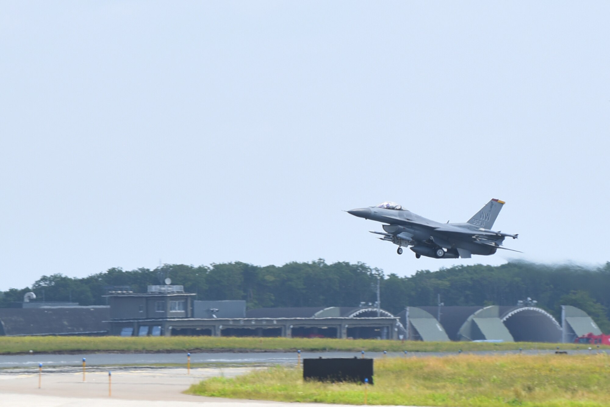 U.S. Air Force Lt. Gen. John L. Dolan, U.S. Forces Japan and 5th Air Force commander, takes off in an F-16 Fighting Falcon at Misawa Air Base, Japan, July 2, 2015. The flight was Dolan’s first here since becoming USFJ and 5th Air Force commander. (U.S. Air Force photo by Senior Airman Patrick S. Ciccarone/Released)