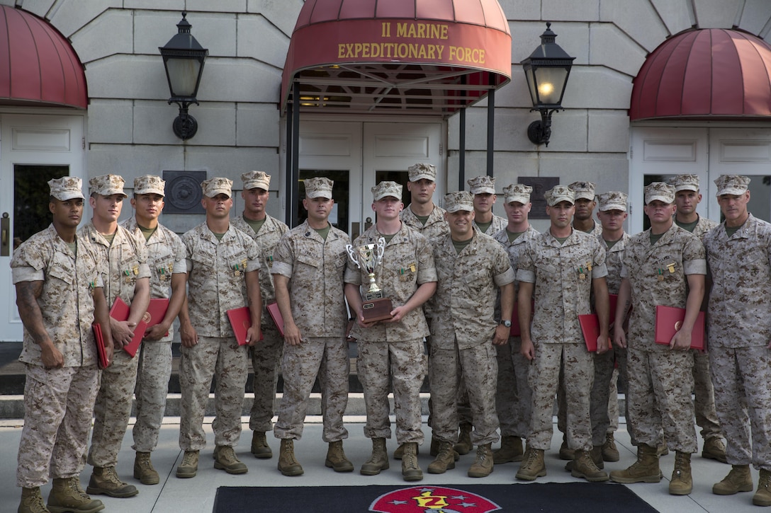 The winners of the 2nd Marine Division Infantry Rifle Squad Competition, a squad representing Alpha Company, 1st Battalion, 2nd Marine Regiment, poses for a photo after an award ceremony aboard Camp Lejeune, N.C., July 1, 2015. The squad was declared the best rifle squad in the 2nd Marine Division after competing in the Infantry Rifle Squad Competition, a three-day physical and mental challenge that pushed the Marines to their limits and tested their abilities to work together as a cohesive unit. (U.S. Marine Corps photo by Cpl. Michelle Reif/Released)