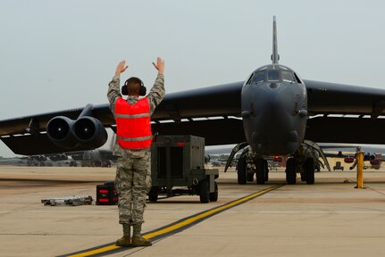 A B-52H Stratofortress taxis on the flight line at Barksdale Air Force Base, La., July 2, 2015, after returning from a 44-hour mission. During the mission two B-52s from Barksdale's 96th Bomb Squadron flew a roundtrip flight to Australia where they integrated with Royal Australian Air Force ground forces in the region to conduct an exercise with inert conventional weapons and perform a low approach at RAAF Base Tindal. The mission, which was closely coordinated with the Australian Department of Defence, demonstrated the United States' and U.S. Strategic Command's ability to project its flexible, long-range global strike capability and provided unique opportunities to synchronize strategic activities and capabilities with a key ally in the U.S. Pacific Command area of operations. USSTRATCOM is one of nine DoD unified combatant commands and is charged with strategic deterrence; space operations; cyberspace operations; joint electronic warfare; global strike; missile defense; intelligence, surveillance and reconnaissance; combating weapons of mass destruction; and analysis and targeting. (U.S. Air Force photo/Senior Airman Benjamin Raughton)