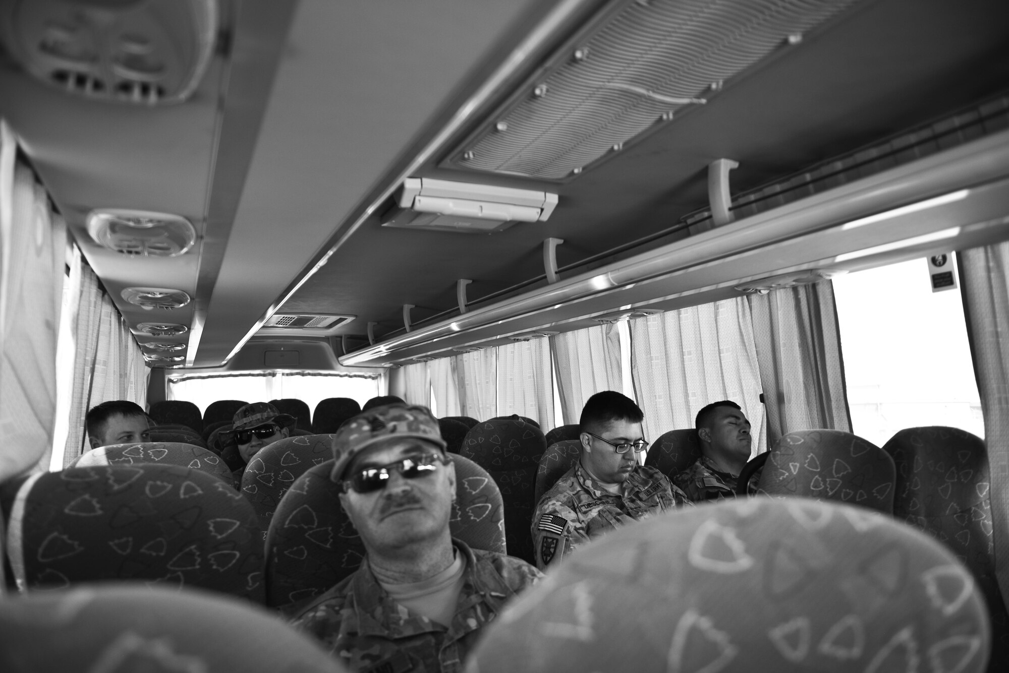 Deployed members from all branches and services use the public transportation provided by the 379th Expeditionary Logistics Readiness Squadron June 30, 2015 at Al Udeid Air Base, Qatar. The airmen from the 379th ELRS provide public transportation to over 2,500 deployed members from all services and branches on a daily basis to alleviate traffic and provide transportation to living quarters, dining facilities and various work areas.  (U.S. Air Force photo/ Staff Sgt. Alexandre Montes)