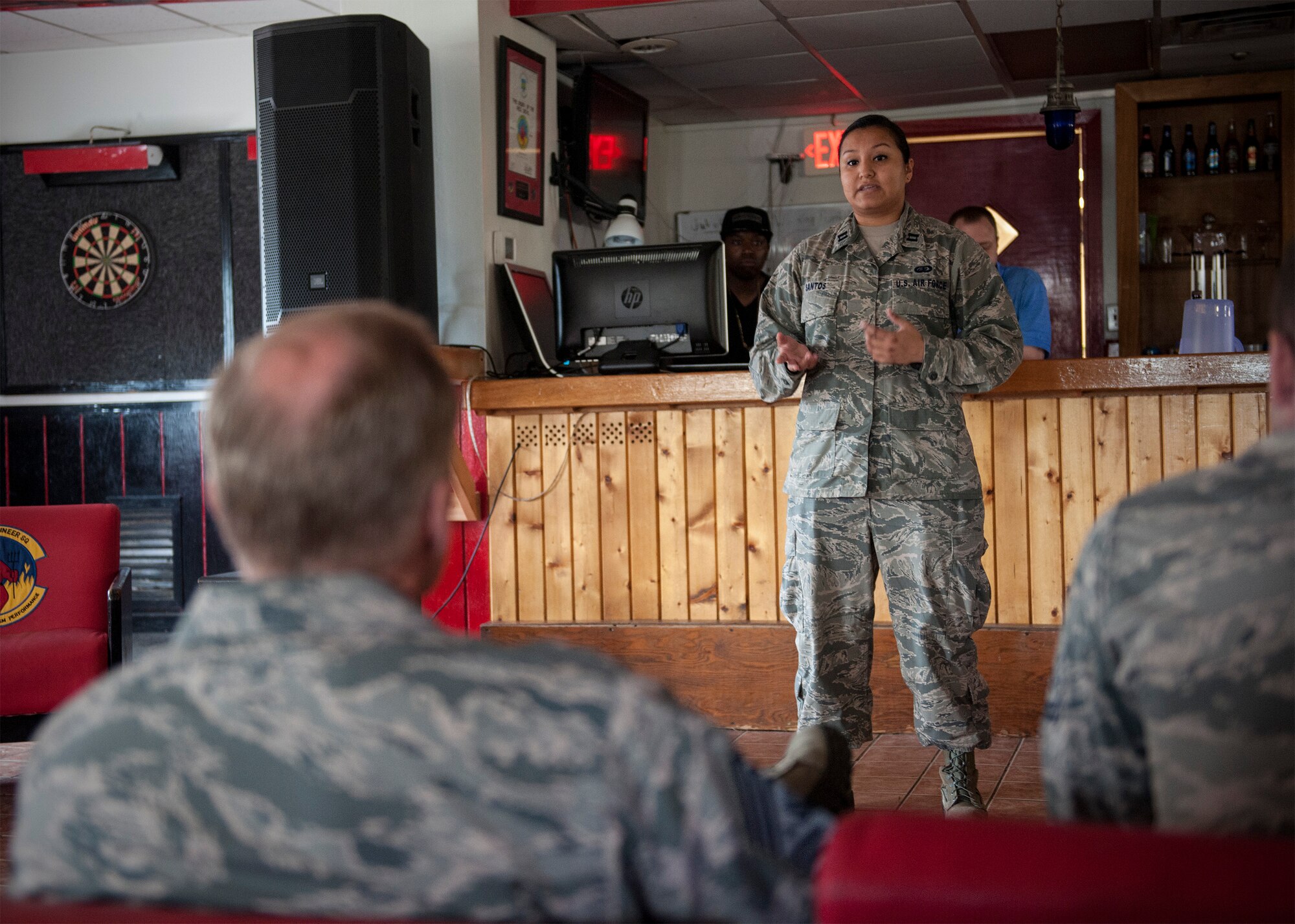 Capt. Claudia Santos, 8th Force Support Squadron sexual assault and response coordinator, introduces the Kunsan Sexual Assault Theater Group to Chief Master Sgt. of the Air Force James A. Cody at Kunsan Air Base, Republic of Korea, July 3, 2015. The Kunsan Sexual Assault Theater Group acted out a sexual assault skit for Cody as part of his two-day immersion tour of the Wolf Pack. (U.S. Air Force photo by Senior Airman Katrina Heikkinen/Released)