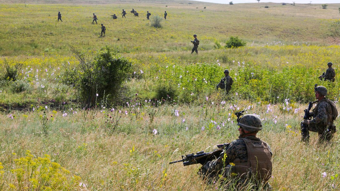 U.S. Marines with Golf Company, Black Sea Rotational Force, conduct fire-and-maneuver to the objective during the Marines’ platoon-attack at Babadag Training Area, July 2. U.S. and Romanian troops conducted live-fire platoon attacks at BTA as the culmination of monthly military-to-military engagements between BSRF and the Romanian 307th Naval Infantry. 