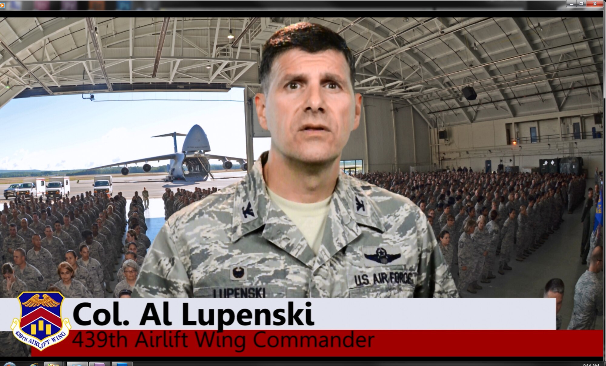 A screenshot of Westover's 439th Airlift Wing commander, Col. Al Lupenski, speaking in an informative video regarding the Air Force's new inspection system.