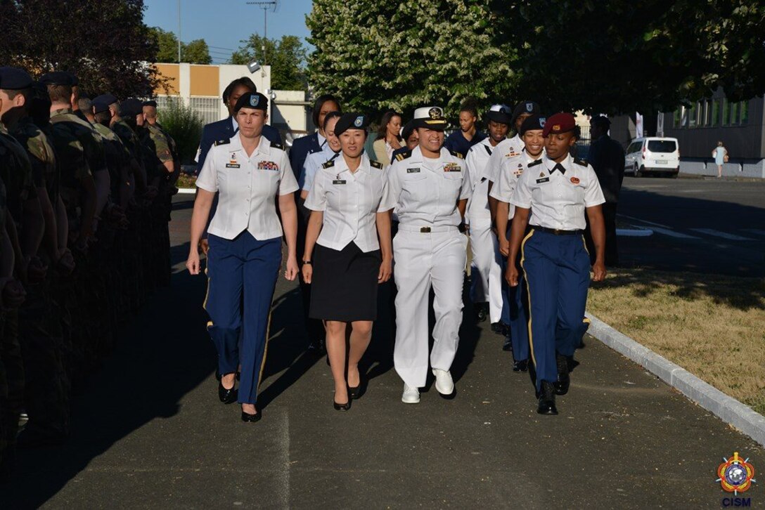 The U.S. Armed Forces Women's Basketball team marches in during the opening ceremony of the 1st Conseil International du Sport Militaire (CISM) World Women's Basketball Championship in Angers, France June 28 to July 5.