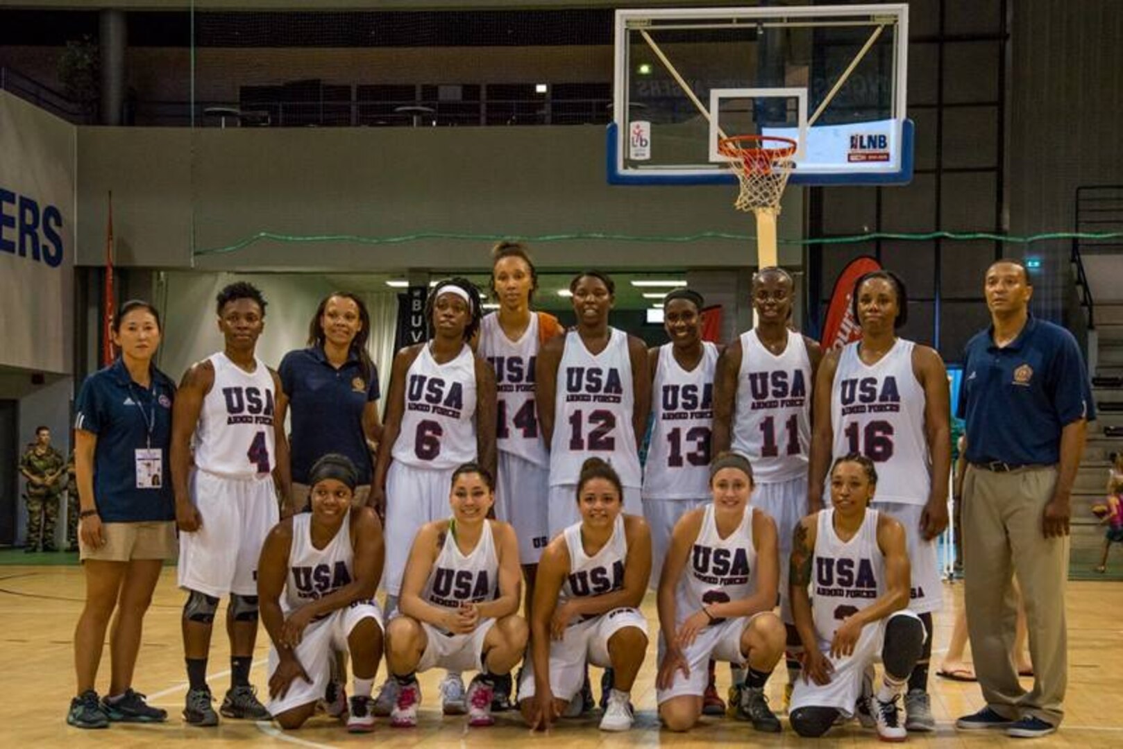 The U.S. Armed Forces Women's Basketball team as they prepare for action at the 1st Conseil International du Sport Militaire (CISM) World Women's Basketball Championship in Angers, France June 28 to July 5.  