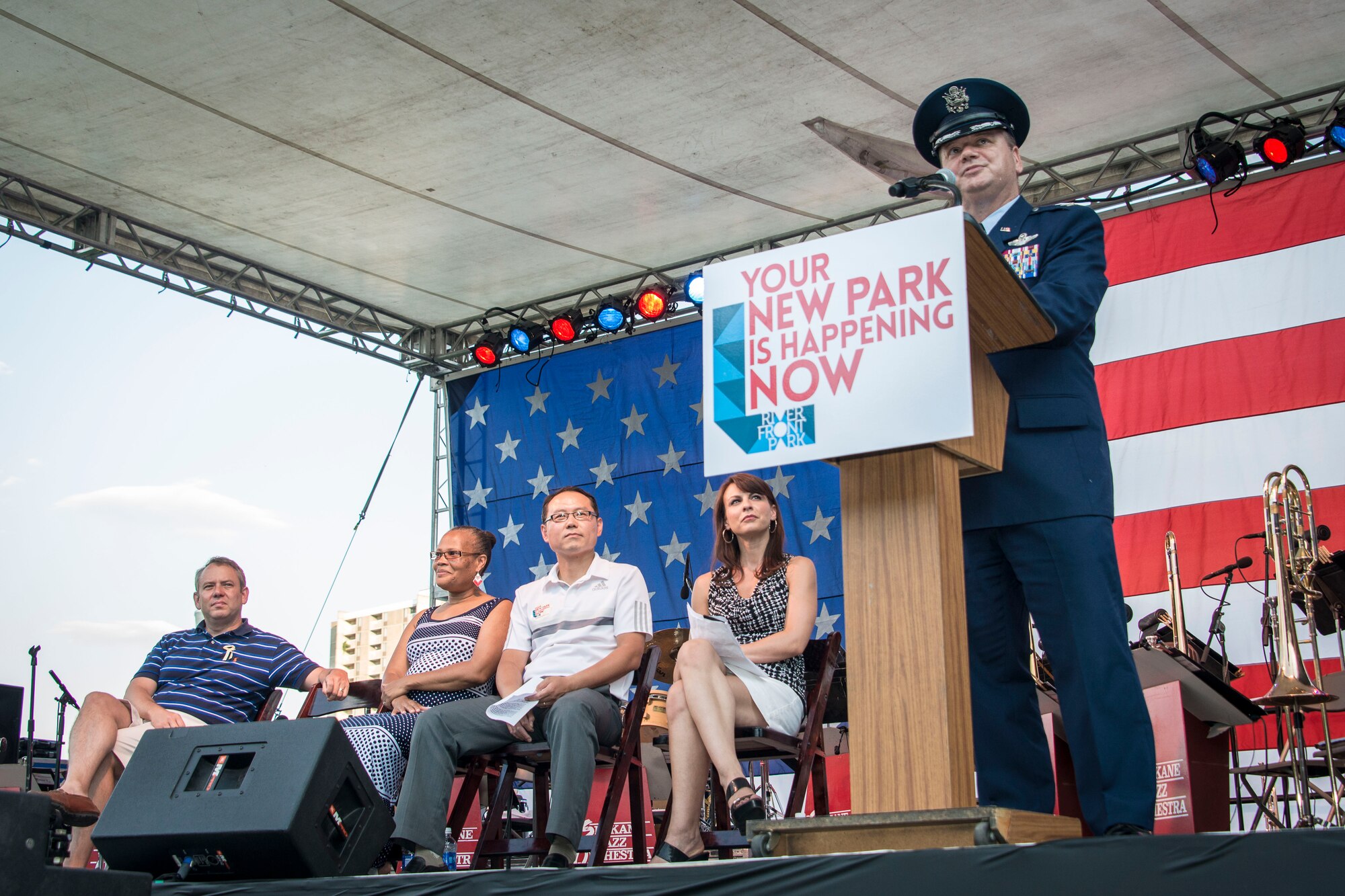 Col. Brian McDaniel, 92nd Air Refueling Wing commander, explains Fairchild's mission of fueling freedom around the world and the importance of a supporting community during Fourth of July celebrations at Riverfront Park July 4, 2015, in Spokane, Wash. McDaniel leads nearly 10,000 personnel in support of worldwide combat, contingency, and humanitarian missions while providing global reach airpower and expeditionary forces to combatant commanders across the Air Force and Department of Defense. (U.S. Air Force photo/Staff Sgt. Benjamin W. Stratton)
