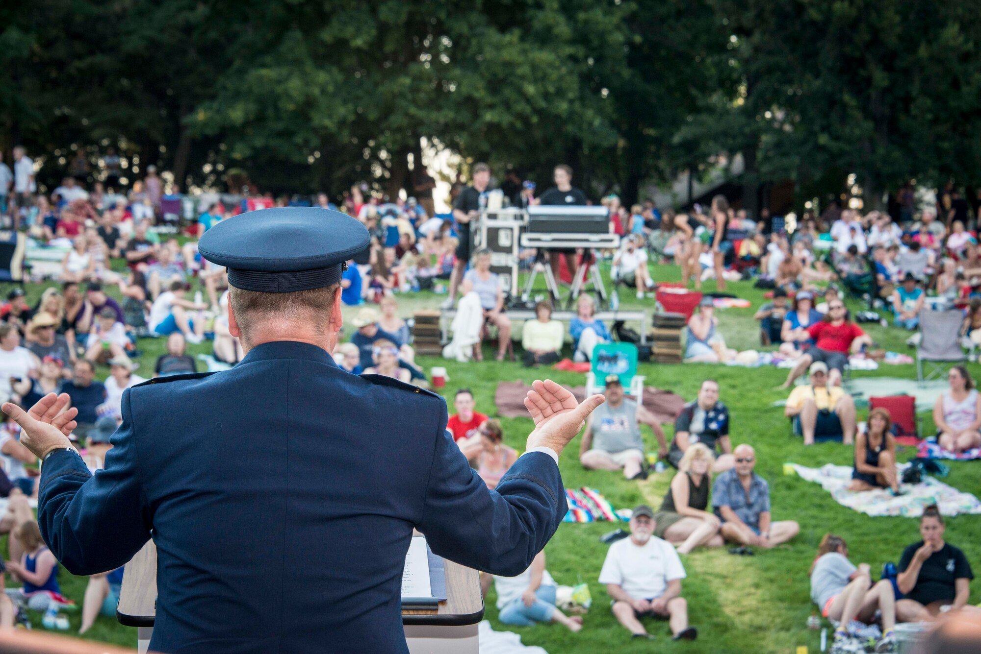 Col. Brian McDaniel, 92nd Air Refueling Wing commander, explains Fairchild's mission of fueling freedom around the world and the importance of a supporting community during Fourth of July celebrations at Riverfront Park July 4, 2015, in Spokane, Wash. McDaniel leads nearly 10,000 personnel in support of worldwide combat, contingency, and humanitarian missions while providing global reach airpower and expeditionary forces to combatant commanders across the Air Force and Department of Defense. (U.S. Air Force photo/Staff Sgt. Benjamin W. Stratton)