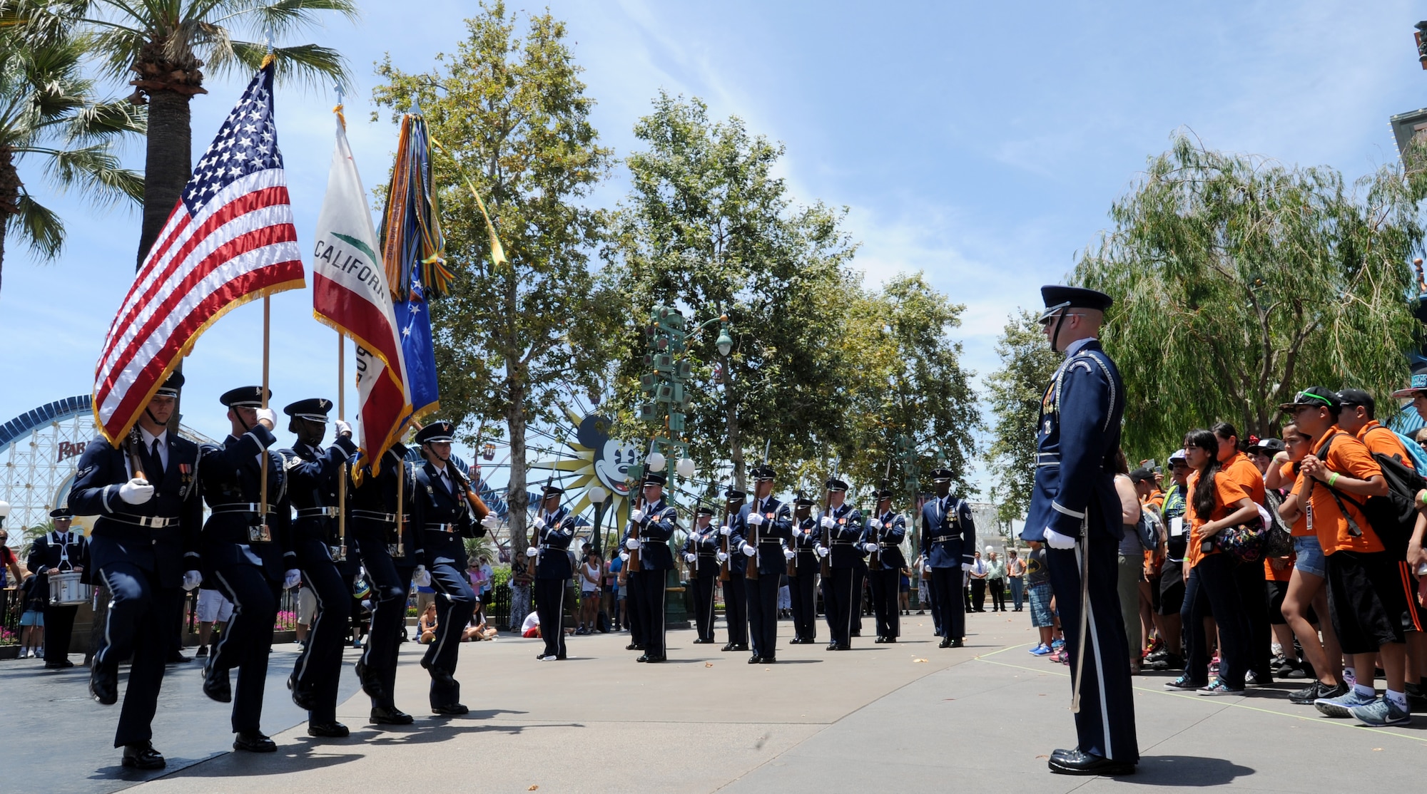 The United States Air Force Honor Guard color guard posts the colors during a drill performance at Disney’s California Adventure, July 2, 2015. (U.S. Air Force photo Staff Sgt. Nichelle Anderson)