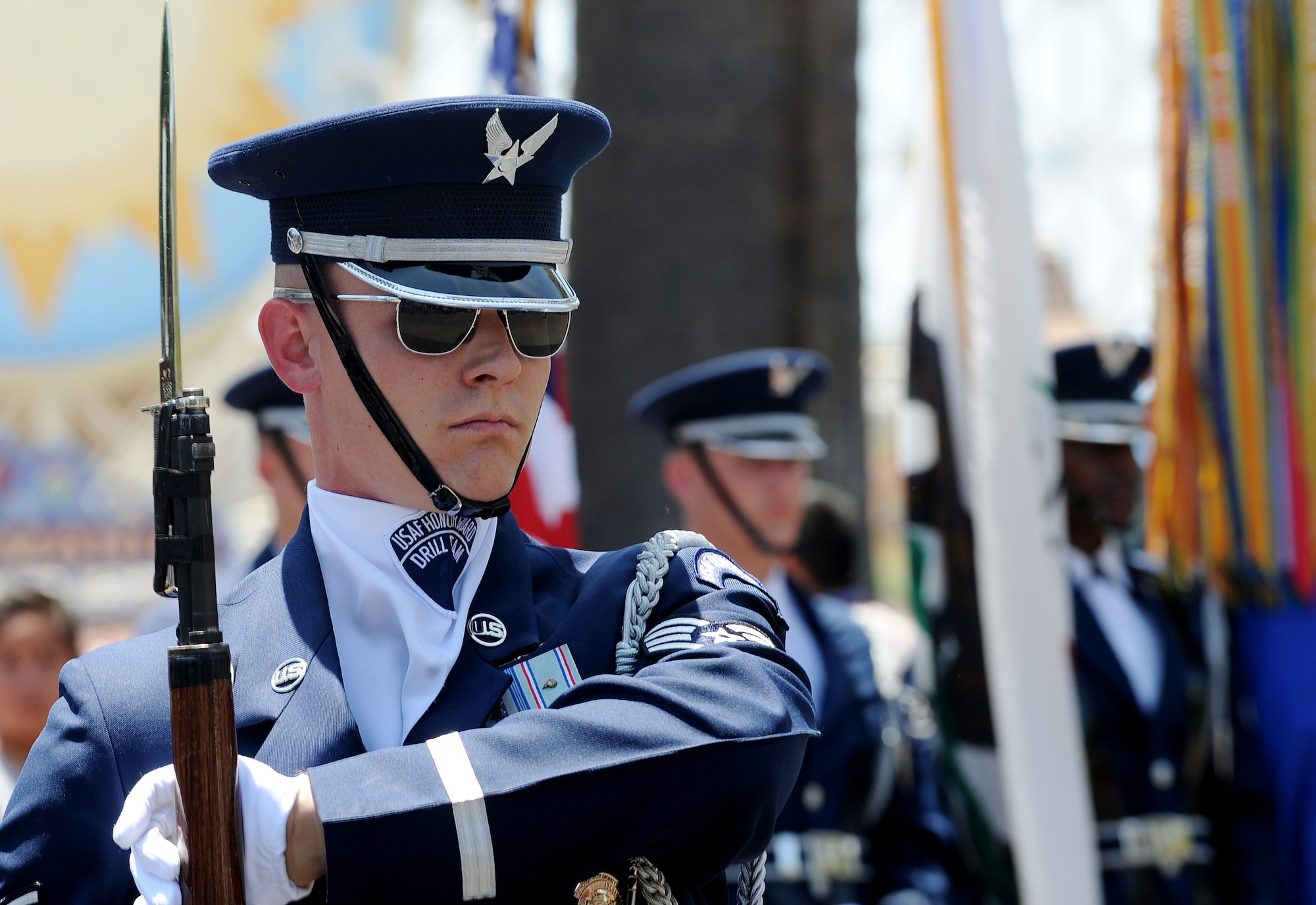 Staff Sgt. Daniel Sellstrom, United States Air Force Honor Guard drill team, participates in a drill performance at Disney’s California Adventure in Anaheim, Calif., July 2, 2015. (U.S. Air Force photo/Staff Sgt. Nichelle Anderson)