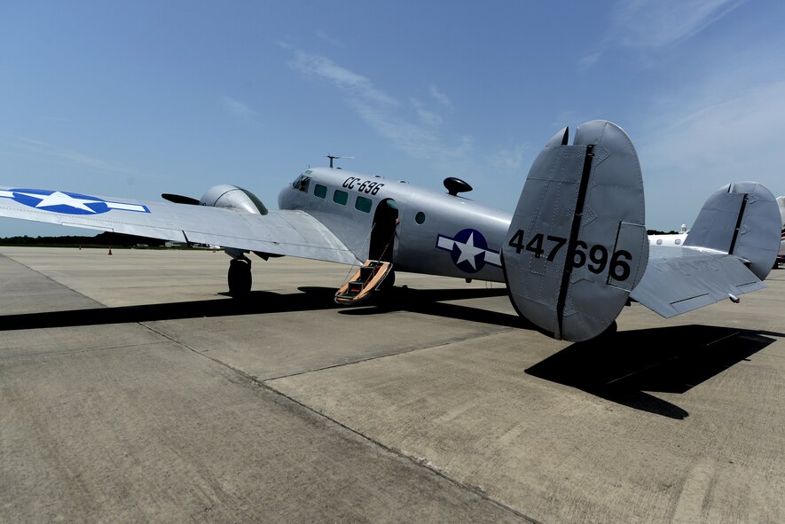 A C-45 prepares to take-off for a Salute from the Shore event, Johns Island, S.C., July 4, 2015. The Independence Day aerial parade began with two 20th Fighter Wing F-16CM Fighting Falcons who lead the vintage WWII aircraft approximately 200 miles down the South Carolina coast. (U.S. Air Force photo by Senior Airman Diana M. Cossaboom/Released)