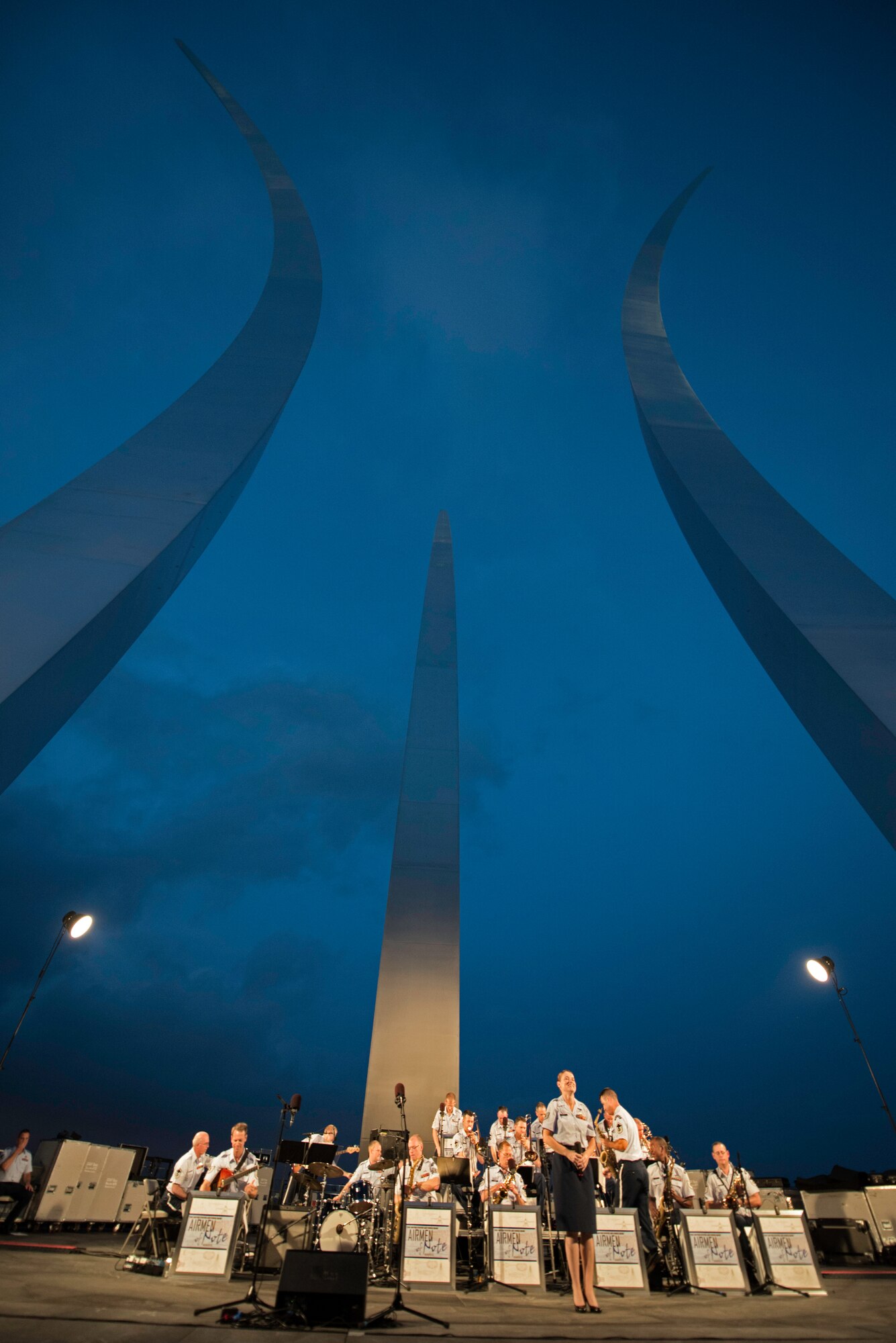 Airmen of Note, the U.S. Air Force Band’s premier jazz ensemble, perform during a concert at the U.S. Air Force Memorial in Arlington, Va., before the fireworks celebration in Washington, D.C., July 4, 2015.  The Airmen of Note is one of six U.S. Air Force Band musical ensembles that showcase a contemporary form of jazz.   (U.S. Air Force photo/Airman 1st Class Philip Bryant)