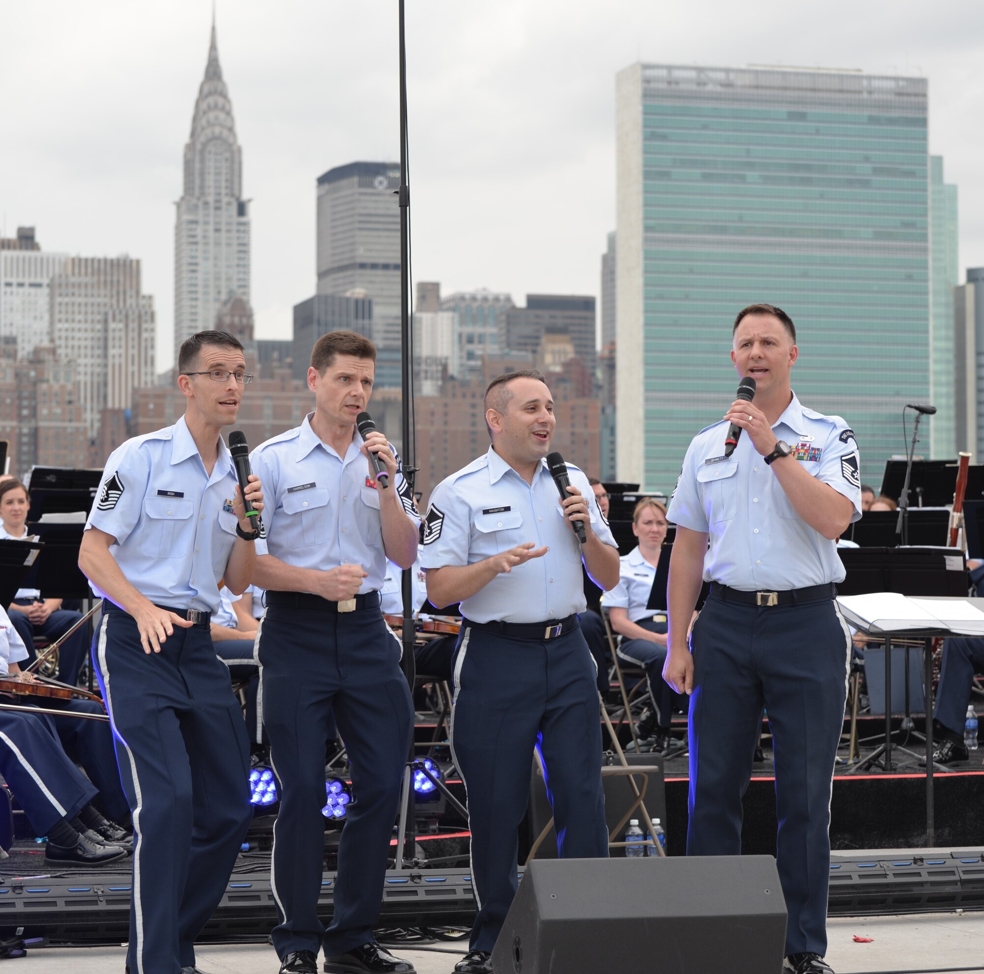 The Singing Sergeants’ Barbershop Quartet performed a number for the crowd at the Macy’s Fourth of July Fireworks Show. The Air Force Band and Honor Guard performed at Hunter’s Point South Park on July 4, 2015. This performance was part of a larger five-day tour in New York City to represent the Air Force on the nation's birthday (U.S. Air Force photo/1Lt. Esther Willett).
