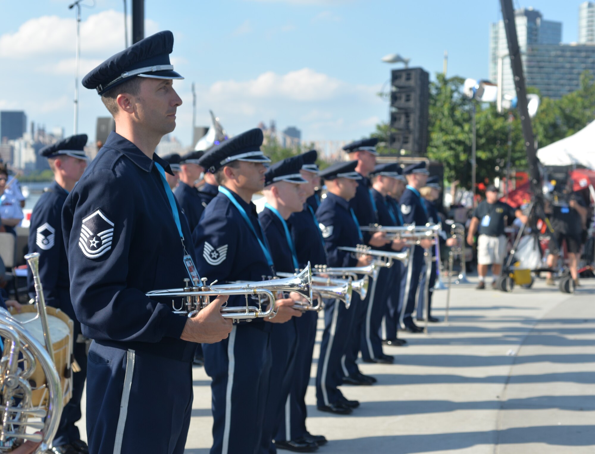 The Ceremonial Brass line up for their first number of their performance at the Macy’s Fireworks Show on July 4, 2015. This performance was part of a larger five-day tour in New York City to represent the Air Force on the nation's birthday (U.S. Air Force photo/1Lt. Esther Willett).