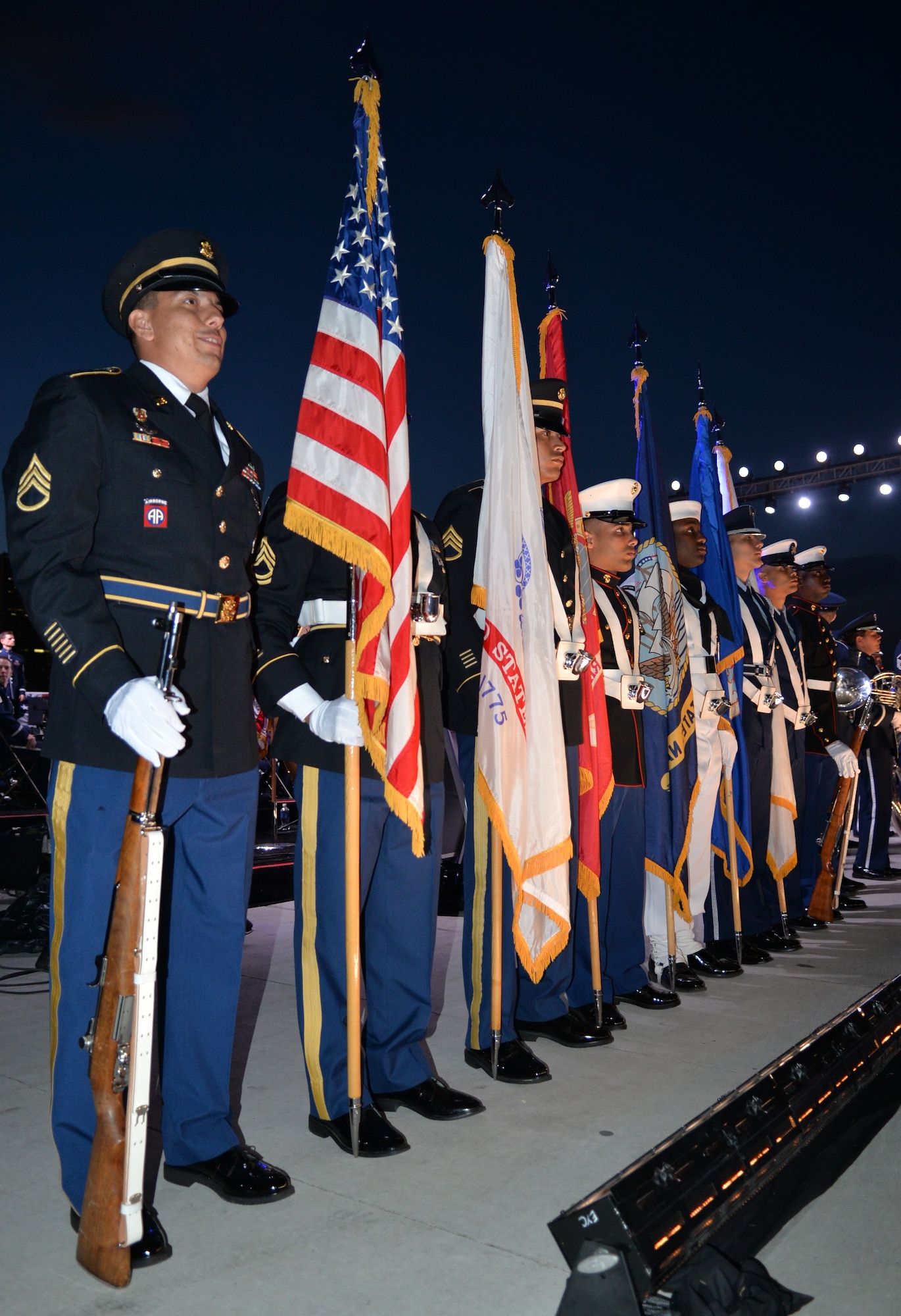A Joint Force Color Guard team represented each military service at Macy’s Fourth of July fireworks show. The Air Force Band and Honor Guard performed at Hunter’s Point South Park on July 4, 2015. This performance was part of a larger five-day tour in New York City to represent the Air Force on the nation's birthday (U.S. Air Force photo/1Lt. Esther Willett).