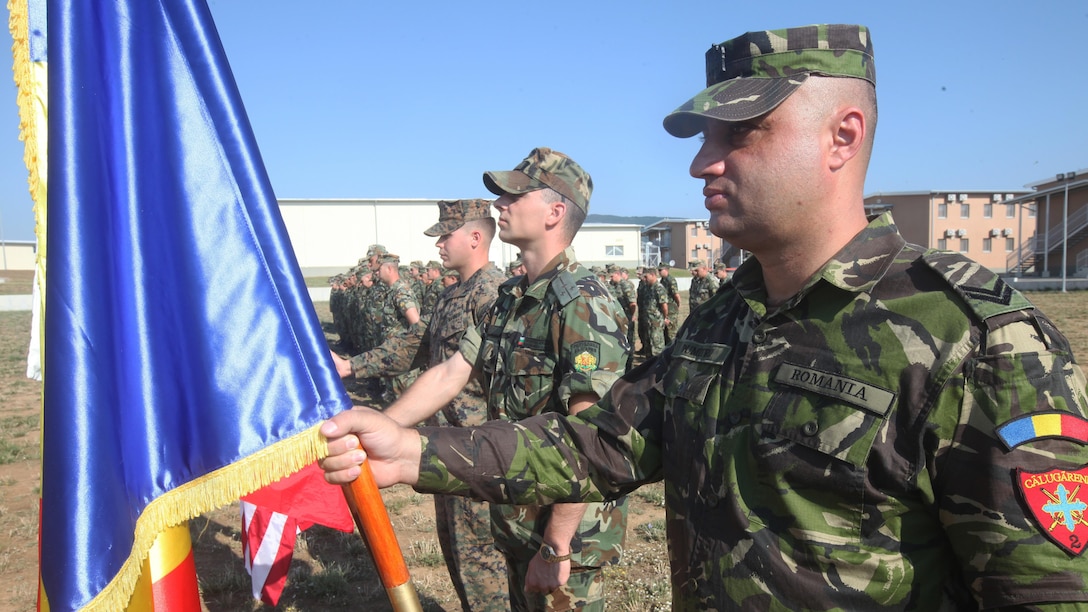 A Romanian soldier holds his nation's colors next to color bearers from NATO partners during the opening ceremony of Platinum Lion 15-3. The two-week training exercise is designed to strengthen the partnerships between the NATO nations and share knowledge to help improve their military skill sets.