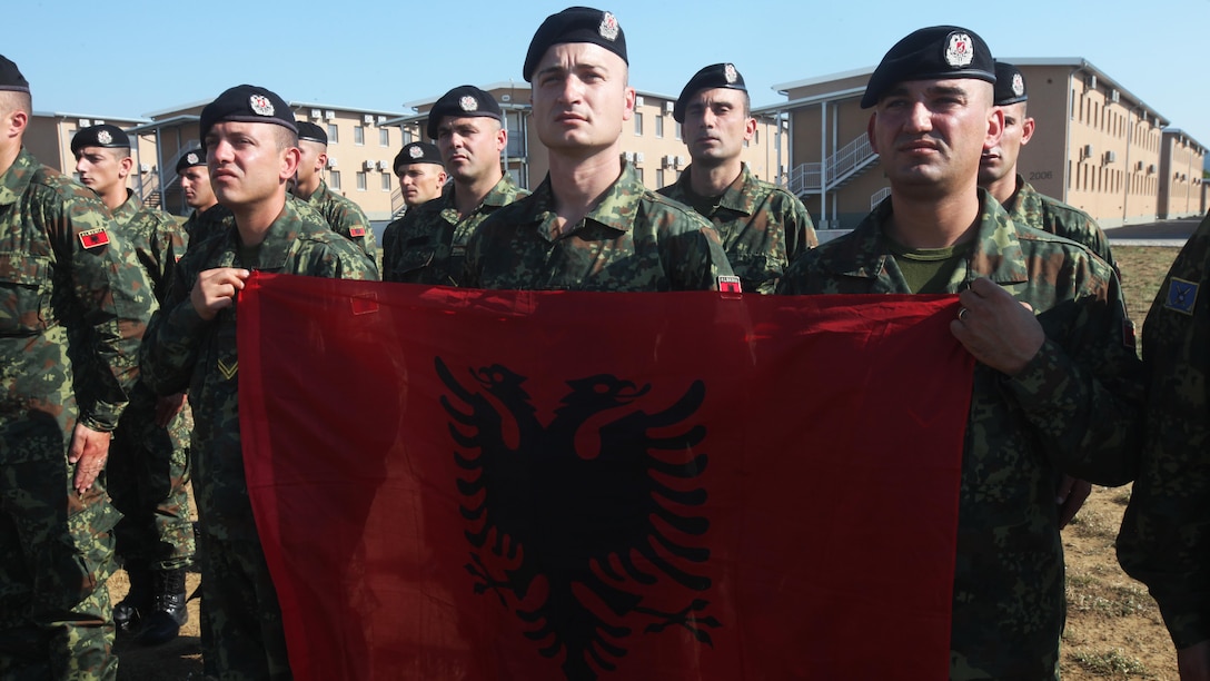 Albanian soldiers hold their nation's colors during the opening ceremony of Platinum Lion 15-3, June 6, 2015. The two-week training exercise is designed to strengthen the partnerships between the NATO nations and share knowledge to help improve their military skill sets.