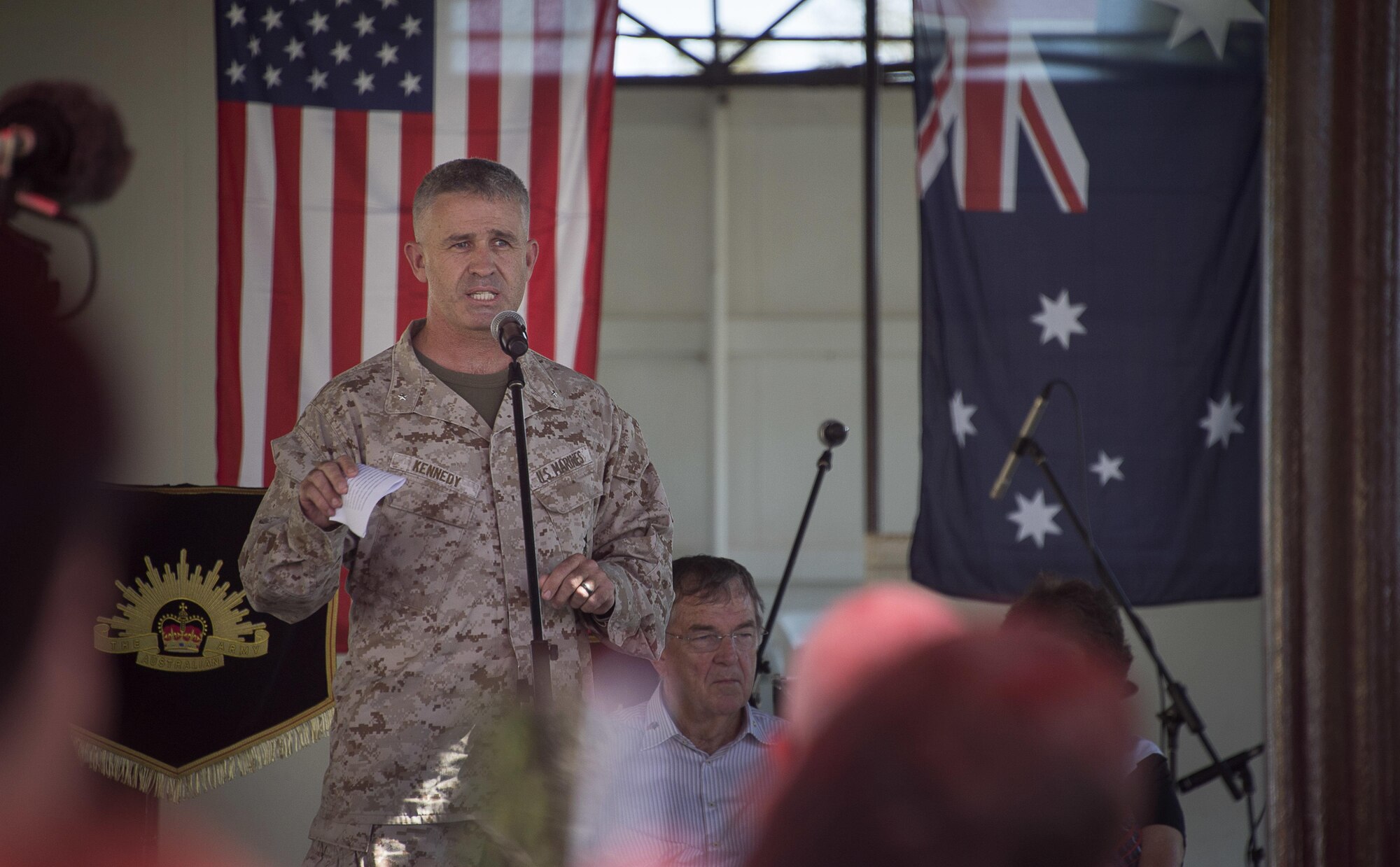 U.S. Marine Corps Brig. Gen. Paul Kennedy, 3rd Marine Expeditionary Brigade commanding general, makes an opening statement during Talisman Sabre 2015 opening day at the Darwin Showground, July 5, 2015. Talisman Sabre is a biennial exercise that provides an invaluable opportunity for approximately 30,000 U.S. and Australian service members to conduct operations in a combined, joint and interagency environment that will increase both countries’ ability to plan and execute contingency responses, from combat missions to humanitarian assistance efforts. (U.S. Navy photo by Mass Communication Specialist 2nd Class Daniel M. Young/Released)