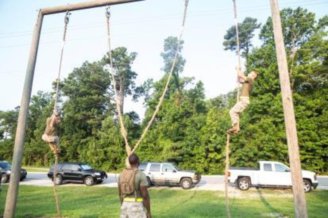 Marines with Bulk Fuel Company, 8th Engineer Support Battalion, race up ropes at an obstacle course aboard Camp Lejeune, N.C., July 1, 2015. Marines with the company ran approximately two miles to the course and then split into two teams to add an air of competitiveness to their physical training session. (U.S. Marine Corps photo by Cpl. Shawn Valosin/Released)