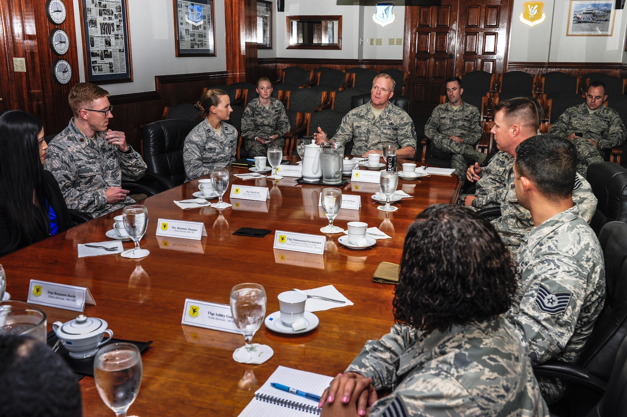 Chief Master Sgt. of the Air Force James Cody discusses sexual assault prevention and response during a round table discussion, July 7, 2015, at Kadena Air Base, Japan. Cody, along with  members of Kadena’s SAPR team, Victim Advocates and Special Victims Council talked about strategies to help eliminate sexual assault from the Air Force community. The Air Force has a zero tolerance policy on sexual assault and harassment. (U.S. Air Force photo by Airman 1st Class John Linzmeier/Released)