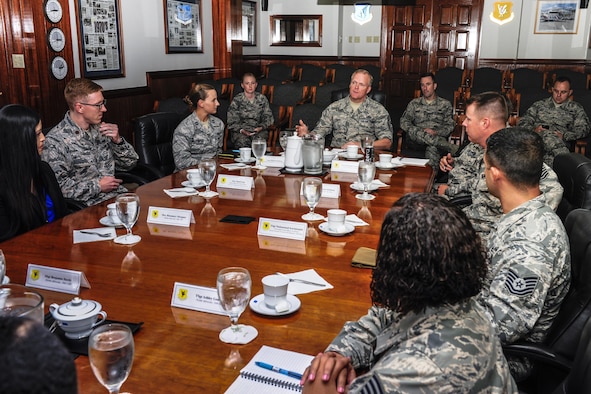 Chief Master Sgt. of the Air Force James Cody discusses sexual assault prevention and response during a round table discussion, July 7, 2015, at Kadena Air Base, Japan. Cody, along with  members of Kadena’s SAPR team, Victim Advocates and Special Victims Council talked about strategies to help eliminate sexual assault from the Air Force community. The Air Force has a zero tolerance policy on sexual assault and harassment. (U.S. Air Force photo by Airman 1st Class John Linzmeier/Released)