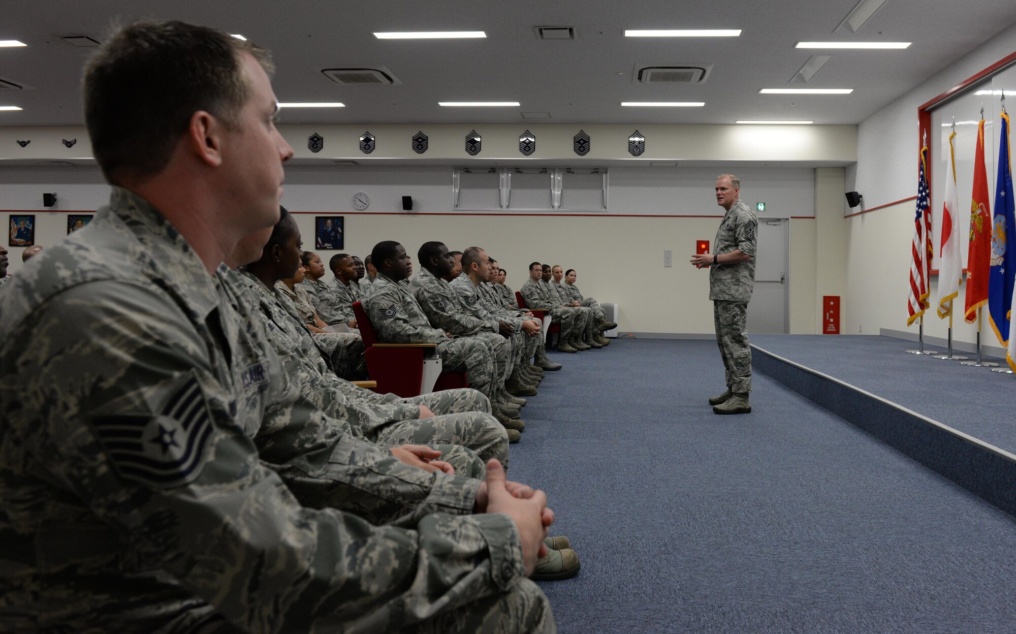Chief Master Sgt. of the Air Force James Cody speaks to NCO Academy students on Kadena Air Base, Japan, July 7, 2015. As part of his ongoing initiative to engage Airmen around the globe, Cody will continue his tour throughout the Pacific Air Forces. (U.S. Air Force photo by Senior Airman Omari Bernard/Released)