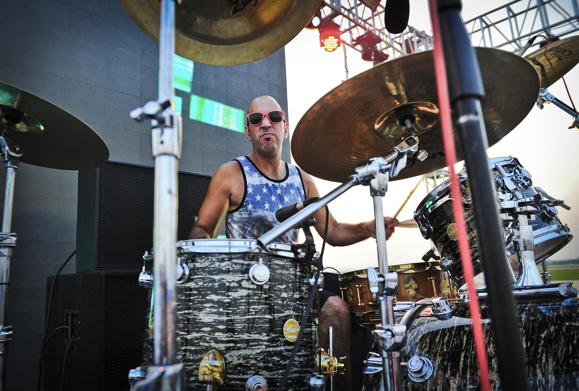 Mike Cosgrove, Alien Ant Farm drummer, smirks at the photographer during a song at the Liberty Fest concert July 4, 2015 at Osan Air Base, Republic of Korea. Alien Ant Farm was at Osan AB in part of the Liberty Fest entertainment, in celebration of Independence Day. (U.S. Air Force photo/Tech. Sgt. Travis Edwards)
