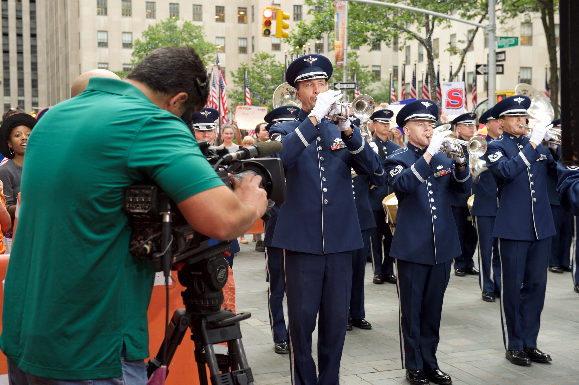 Master Sgt. David Kucharski, Technical Sgt. Brian Stiles and Technical Sgt. Joshua Lies of the Ceremonial Brass, the official ceremonial ensemble of the U.S. Air Force, perform during a live broadcast on NBC's TODAY show on the Fourth of July.  The ensemble has performed on the program every year since 1998. (U.S. Air Force photo by Senior Master Sgt. Bob Kamholz/released) 