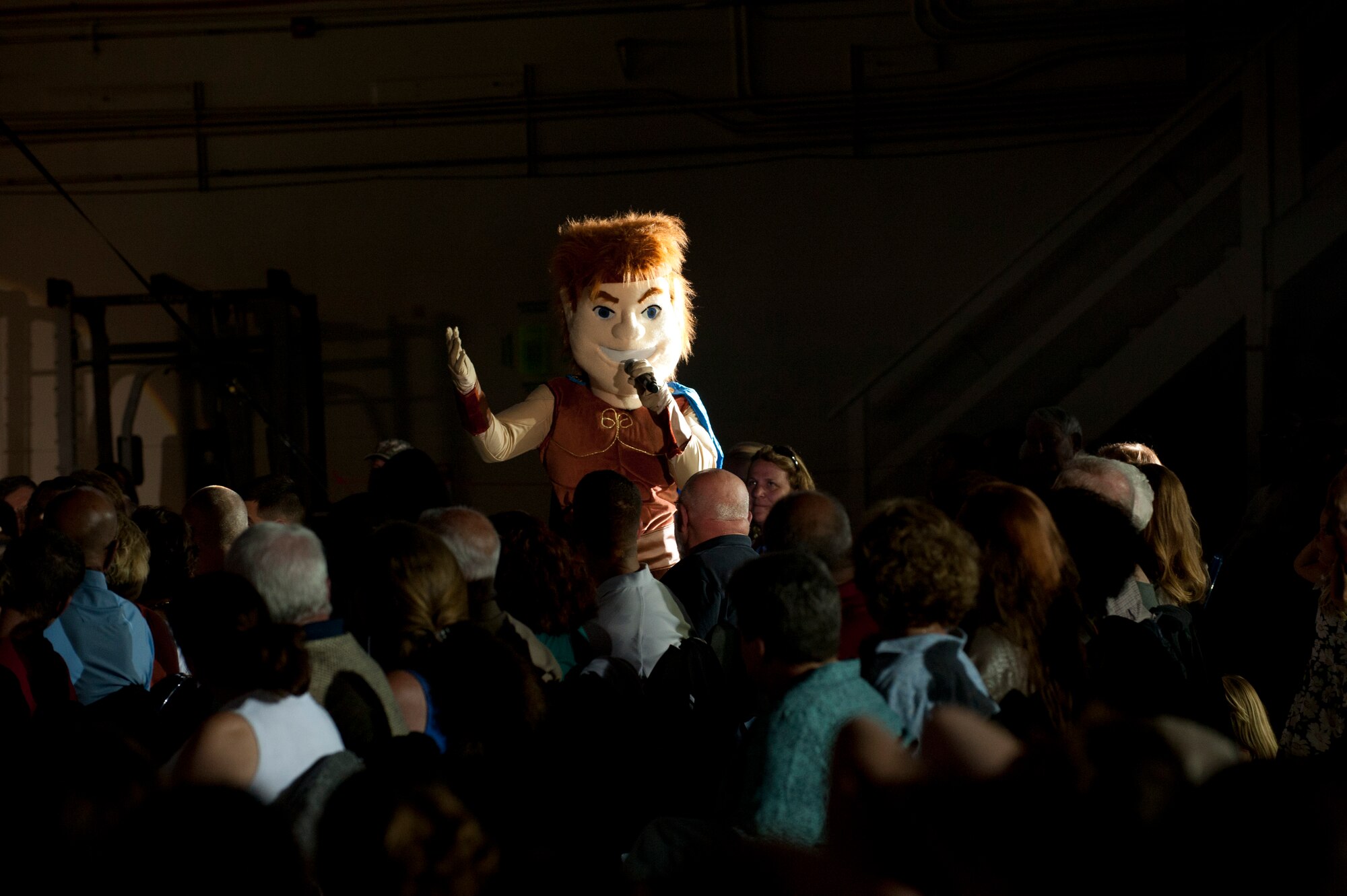 PETERSON AIR FORCE BASE, Colo. – Hercules showed up to provide an entertaining performance to Peterson Airmen and their families during a Tops in Blue performance at Hangar 140, July 1, 2015. The all active duty Tops in Blue team tours 20 countries, performing 75 shows in seven months providing quality entertainment to Air Force personnel stationed at the home front and in remote or deployed locations. (U.S. Air Force photo by Airman 1st Class Rose Gudex)