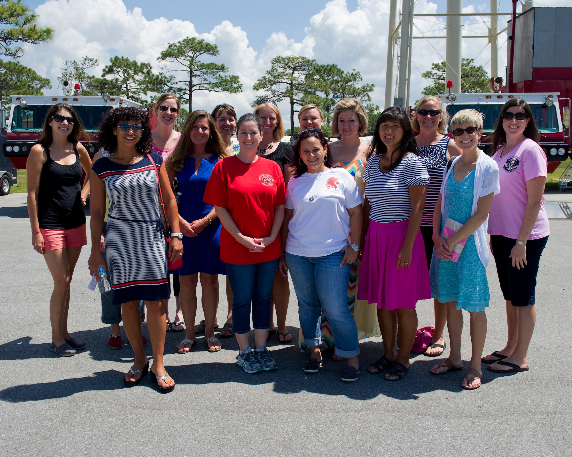 Key spouses and key spouse mentors pose for a photo after a training session May 19 at the 823rd REDHORSE Silver Flag Training Site. Key spouses form an integral part of each unit’s leadership team and provide Tyndall families with a valuable support resource. (U.S. Air Force photo by Senior Airman Alex Echols/Released)