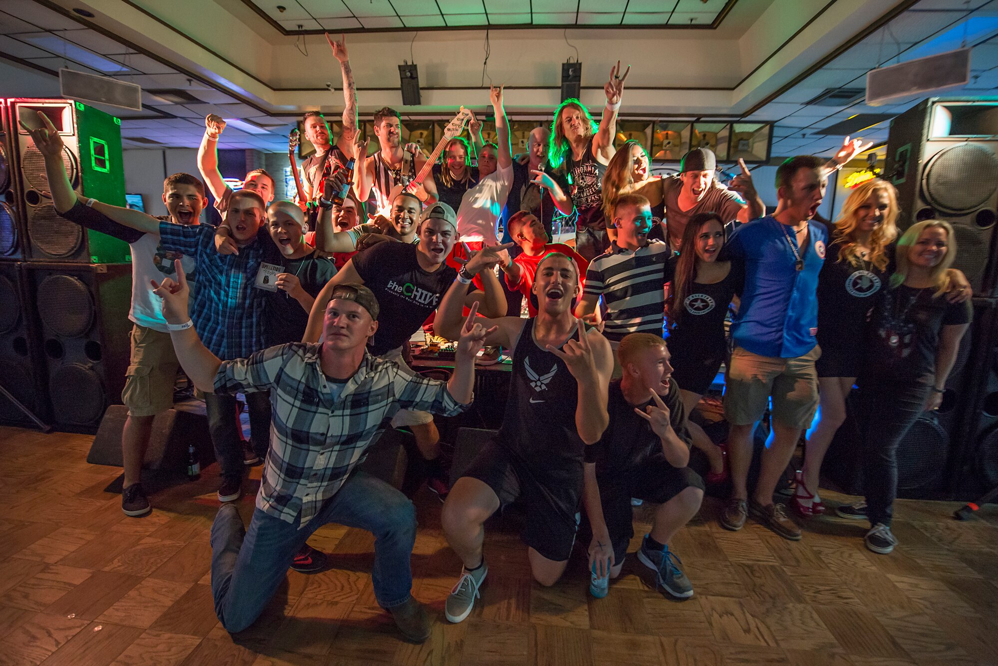 U.S. Air Force Airmen meet with the JC AllStars after their performance at Sheppard Air Force Base, Texas, July 4, 2015. Their performance started on the evening of July 3rd and ran into the early morning of the Fourth of July. Matthew JC – a four-time Emmy Award winner – who wishes to give back to the troops through live entertainment and music education leads the band. They also sponsor a grant for troops who wish to pursue music. These images are not official endorsement by the U.S. Air Force. This image is not official endorsement by the U.S. Air Force. (U.S. Air Force photo by Senior Airman Kyle Gese/Released)