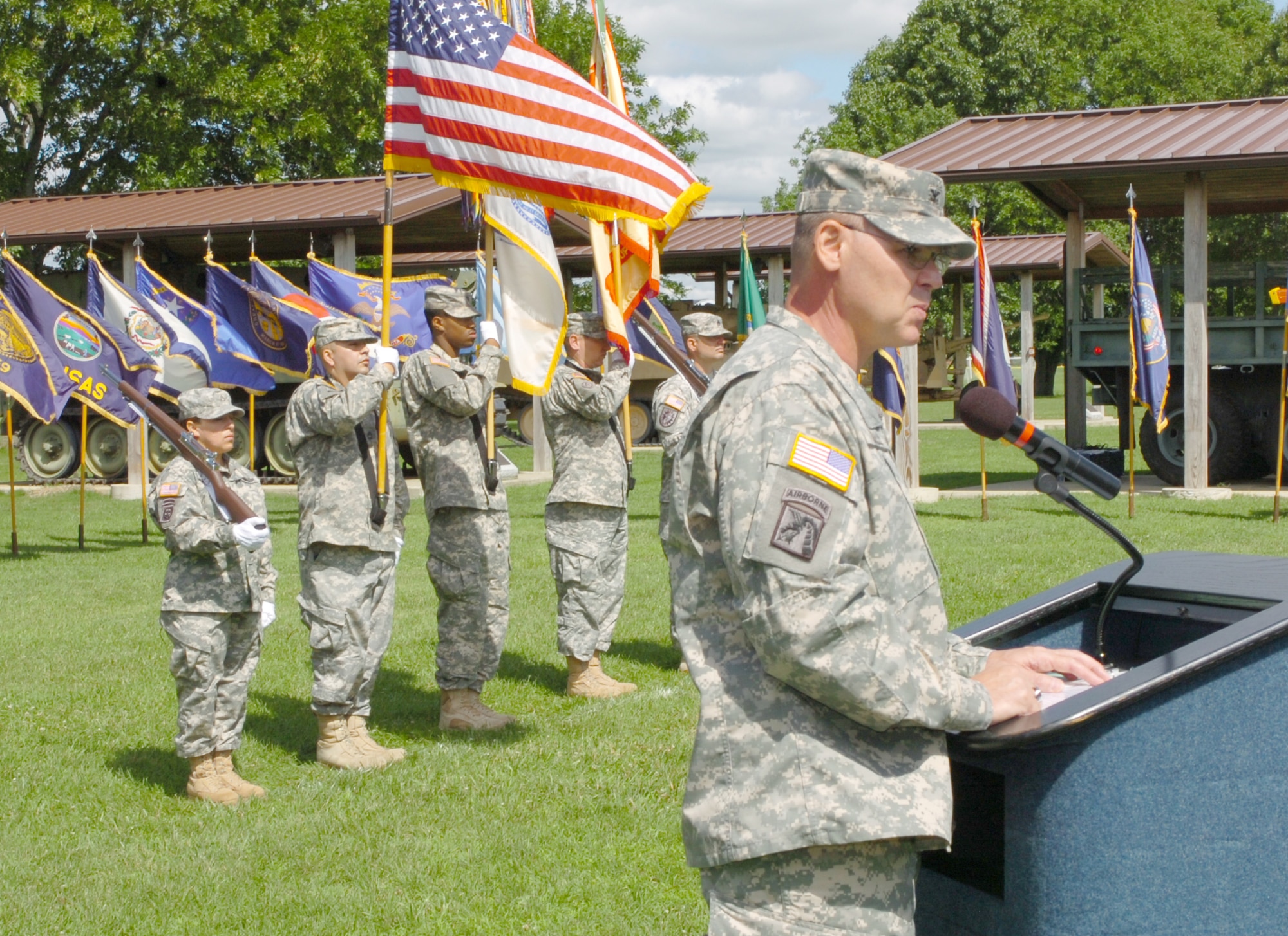 Col. Jeffrey A. Doll, outgoing commander of ASA-Dix, bids the Joint Base McGuire-Dix-Lakehurst, N.J., community farewell during the activity's change of command ceremony held at the Army Reserve Museum June 29, 2015. Doll gave special recognition to the Soldiers of the 1st Mobilization Support Group who requested to stay on active duty and serve as the color guard for the ceremony. (U.S. Army photo by David F. Moore/Released)