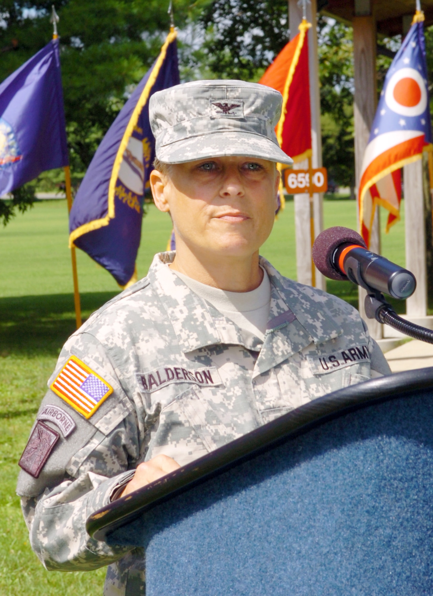 Col. Shelley Balderson, incoming commander of U.S. Army Support Activity-Dix, delivers remarks during a change of command ceremony at the Army Reserve Mobilization Museum June 29, 2015, at Joint Base McGuire Dix Lakehurst, N.J. (U.S. Army photo by David F. Moore/Released)