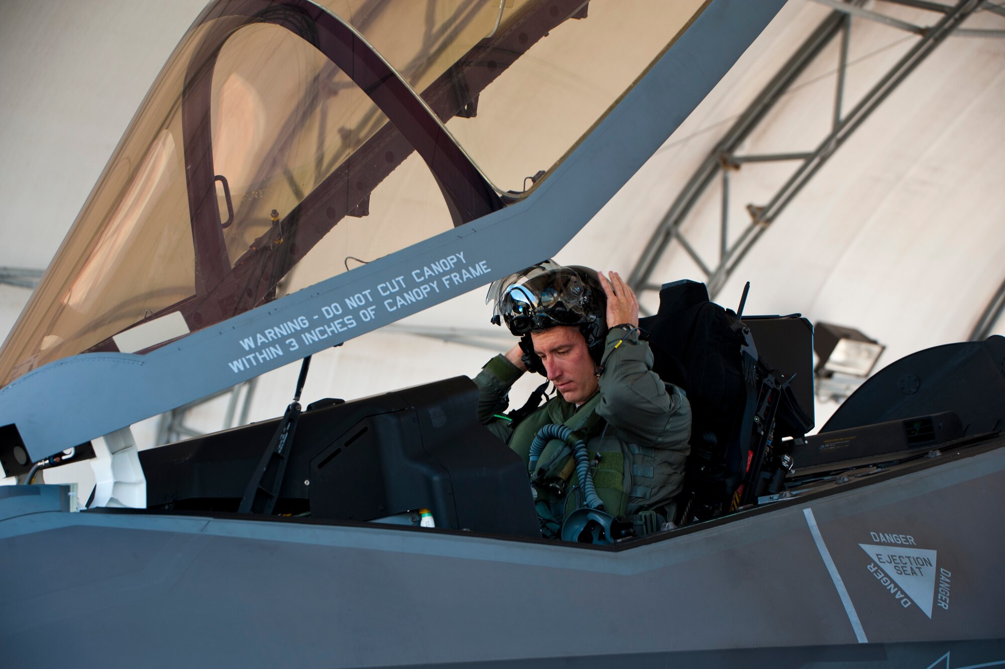 Lt. Col. George Watkins, incoming 34th Fighter Squadron commander, prepares to take off on a training mission from Eglin Air Force Base, Fla., June 4, 2015. (U.S. Air Force photo/Staff Sgt. Marleah Robertson)