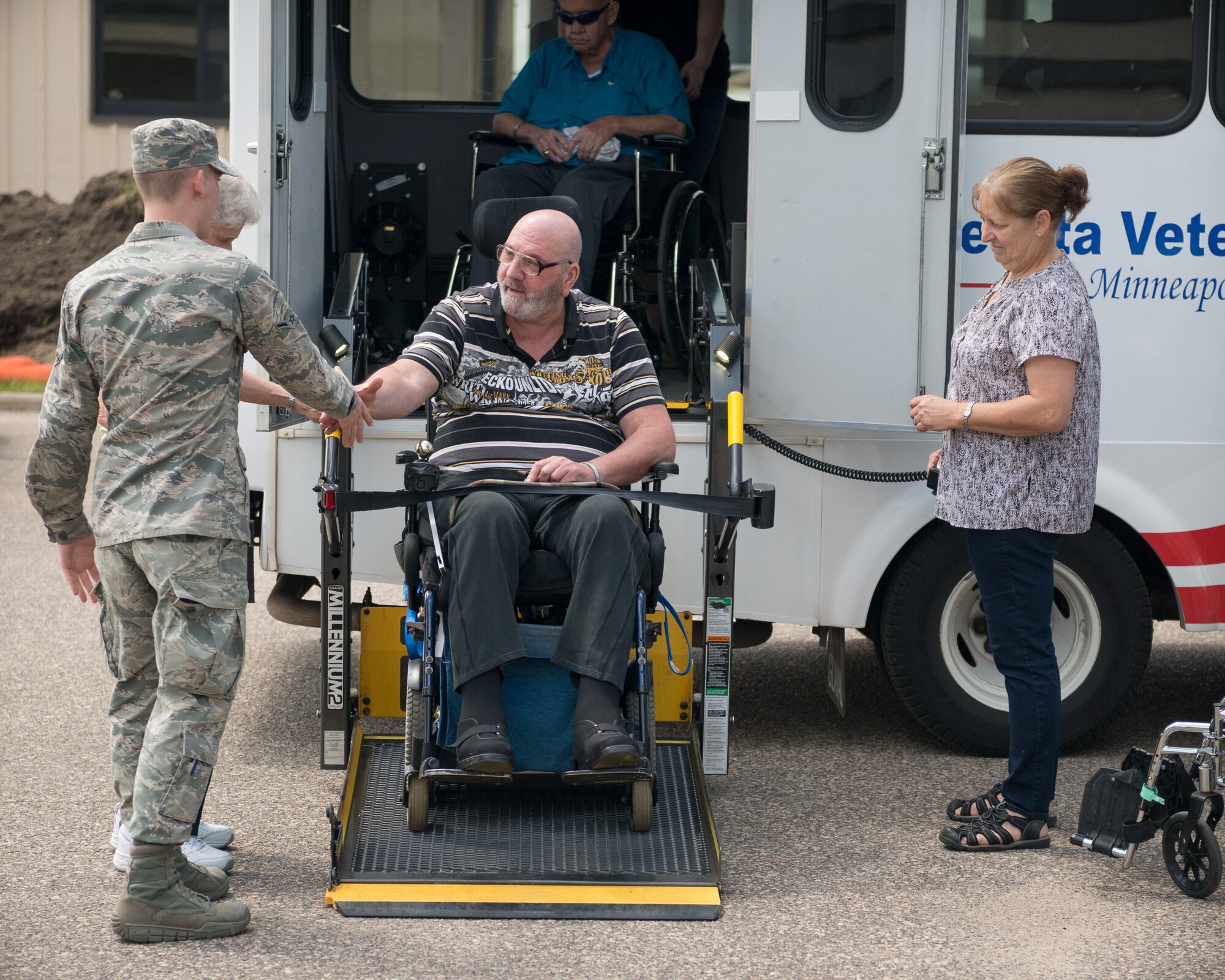 The 934th Airlift Wing hosts residents of the Minnesota Veterans Homes in Minneapolis and Hastings for the annual Take a Vet to Lunch.  Veterans join members of the 934 AW for an afternoon of lunch, conversation, and a C-130 aircraft tour at the Minneapolis-St. Paul Air Reserve Station, Minn.  (U.S. Air Force photo by Shannon McKay/Released)