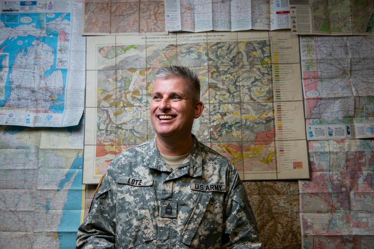 Army Master Sgt. Steven Lotz, a geospatial analyst for the 416th Theater Engineer Command, is the first member of the unit’s newly formed geospatial cell. U.S. Army photo by Master Sgt. Michel Sauret