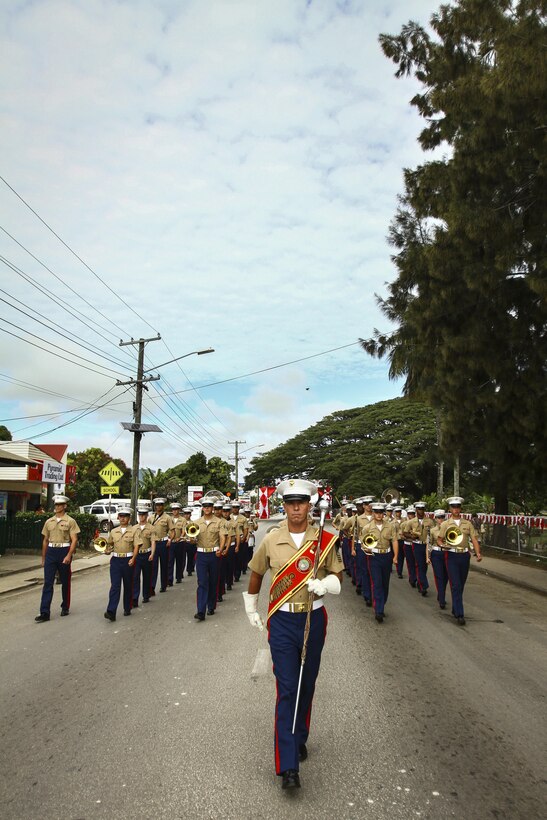 The U.S. Marine Corps Forces, Pacific Band performs during His Majesty's Birthday Parade in Nuku'alofa, Tonga July 8, 2015. The MARFORPAC Band travels throughout the Pacific region to promote community relations and interoperability between the U.S. and other countries. 