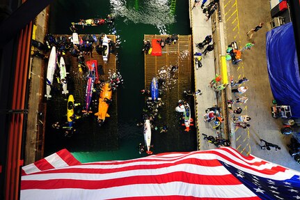 WEST BETHESDA, Md. (June 24, 2015) Submarines and their team members wait in the staging area during the 13th International Human-Powered Submarine Race (ISR) being held in the David Taylor Model Basin at the Naval Surface Warfare Center Carderock Division. The International Human-Powered Submarine Race inspires Science, Technology, Engineering, and Math (STEM) students to explore the broad areas of underwater technology and to provide an educational experience that translates their theoretical knowledge into reality. (U.S. Navy Photo by Mass Communication Specialist 1st Class Clifford L. H. Davis/Released)