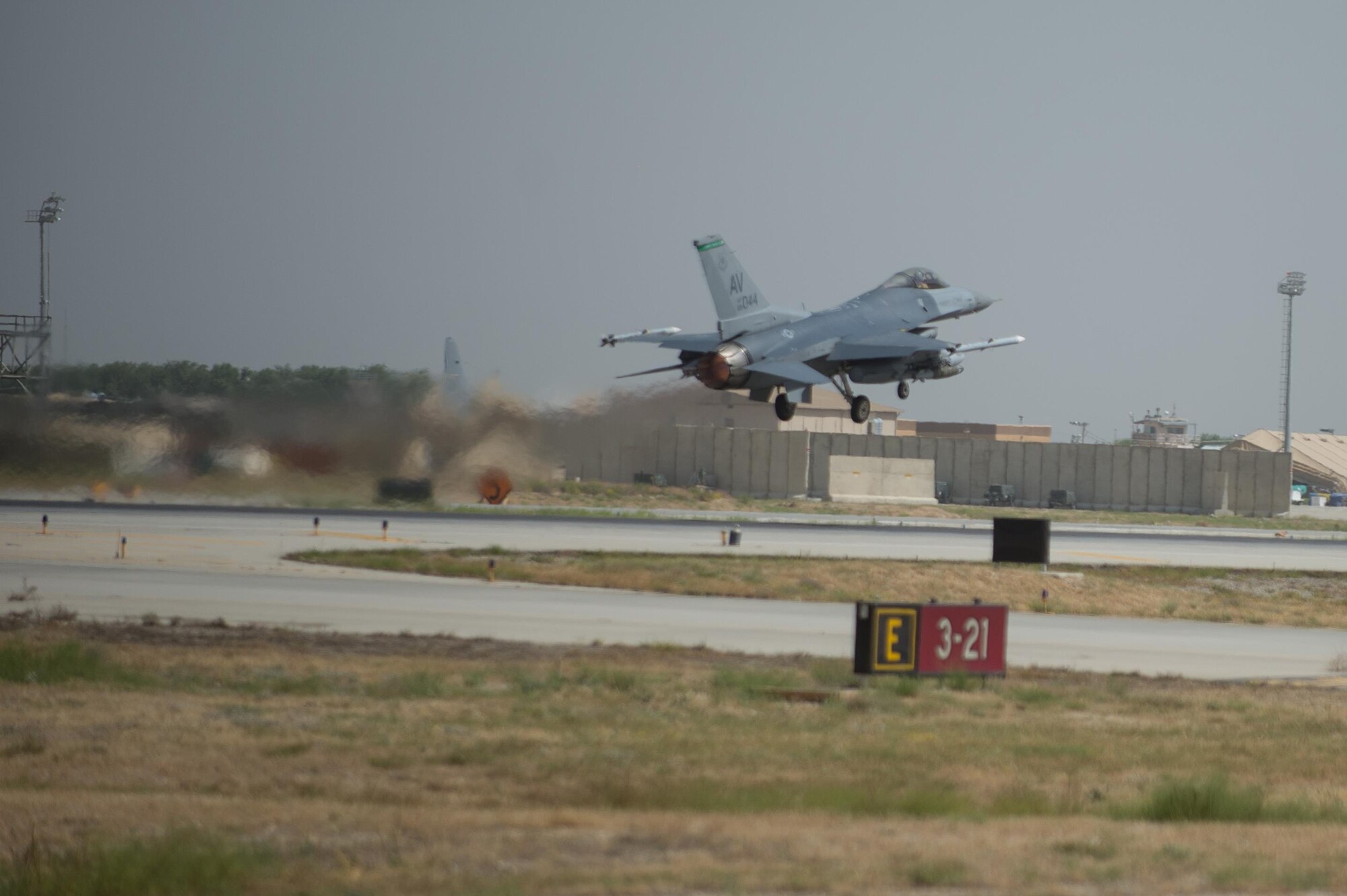 U.S. Air Force Brig. Gen. Dave Julazadeh, 455th Air Expeditionary Wing commander, takes off in an F-16 Fighting Falcon aircraft July 7, 2015, at Bagram Airfield, Afghanistan. Julazadeh was flying his first combat sortie as commander of the 455th AEW. (U.S. Air Force photo by Tech. Sgt. Joseph Swafford/Released)
