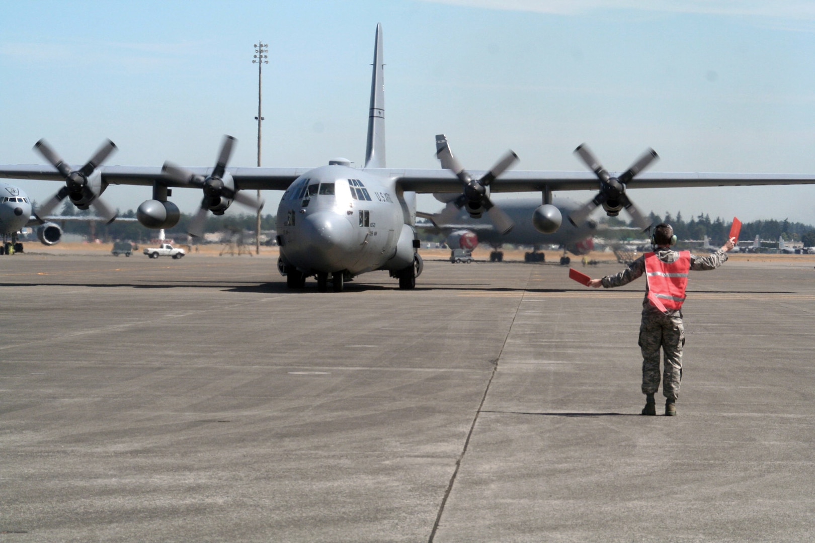 A C-130 Hercules from the 139th Airlift Wing of the Missouri Air National Guard taxies after completing a competition mission at McChord Air Force Base, Wash., on July 20, 2009.