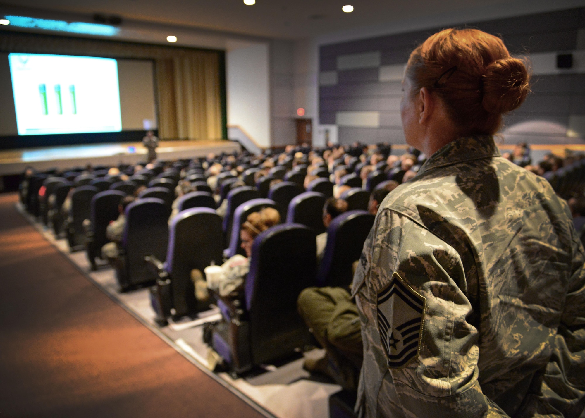 U.S. Air Force Air Commandos gather in the base theater for the first Air Force Personnel Center roadshow July 1, 2015 at Cannon Air Force Base, N.M. The town hall provided detailed information pertaining to changes already implemented, those scheduled for implementation in the coming months and the reasons for the changes to the Enlisted Evaluation System and the Weighted Airman Promotion System. (U.S. Air Force photo/Staff Sgt. Alexx Mercer)