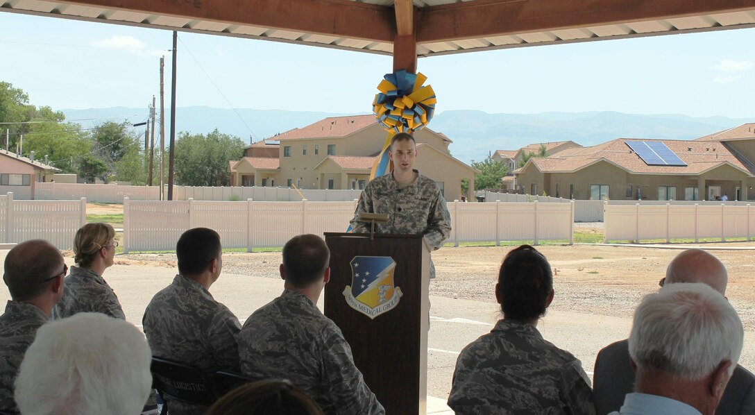 HOLLOMAN AIR FORCE BASE, N.M. -- District Commander Lt. Col. Patrick Dagon speaks at the groundbreaking ceremony to inaugurate the beginning of construction on the new medical clinic at the base, July 1, 2015.