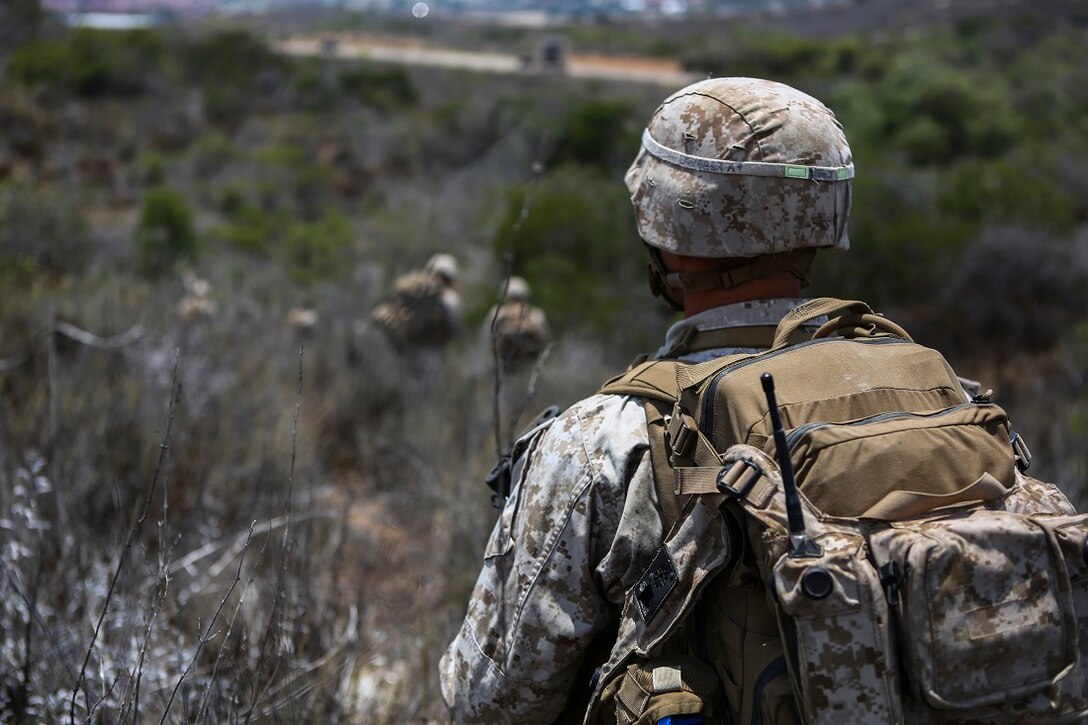 Lance Cpl. Devin Windell, a rifleman assigned to Company I, 3rd Battalion, 5th Marine Regiment, conducts patrol operations as part of the 1st Marine Division Super Squad Competition aboard Marine Corps Base Camp Pendleton, Calif.,  June 30, 2015. The Marines and Sailors tested their abilities to conduct infantry operations for the title of super squad.