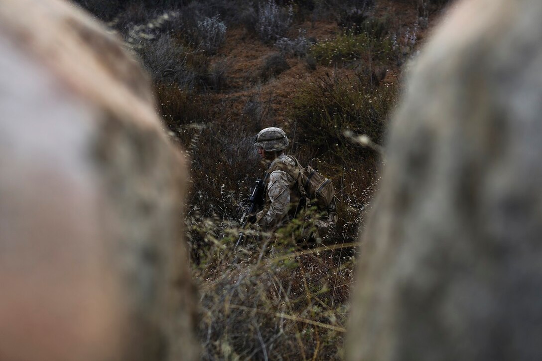 A Marine assigned to Company I, 3rd Battalion, 5th Marine Regiment, patrols through brush during the patrolling portion of the 2015 1st Marine Division Super Squad Competition aboard Marine Corps Base Camp Pendleton, Calif., June 30, 2015. The Marines and Sailors tested their abilities to conduct infantry operations for the title of super squad.