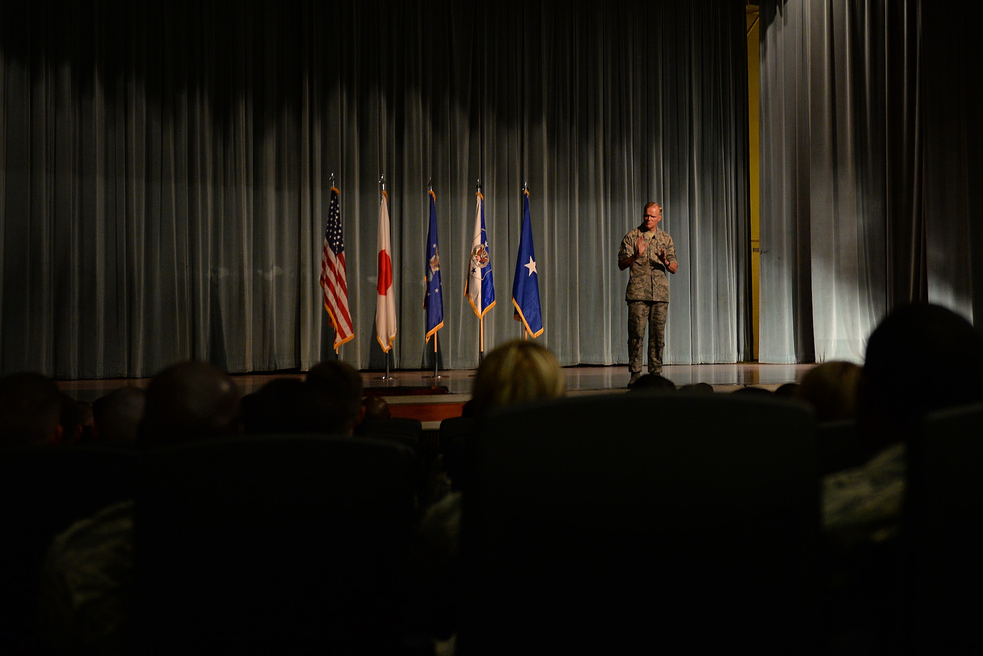 Chief Master Sgt. of the Air Force James Cody addresses concerns about the direction of the future of the Air Force during a senior enlisted all-call, on Kadena Air Base, Japan, July 8, 2015. During the all-call, Cody addressed challenges and opportunities facing today’s Airmen such as possible changes to retirement, senior NCO boards and the recent changes to the Enlisted Evaluation System. (U.S. Air Force photo by Senior Airman Omari Bernard/Released)