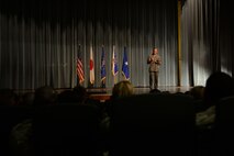 Chief Master Sgt. of the Air Force James Cody addresses concerns about the direction of the future of the Air Force during a senior enlisted all-call, on Kadena Air Base, Japan, July 8, 2015. During the all-call, Cody addressed challenges and opportunities facing today’s Airmen such as possible changes to retirement, senior NCO boards and the recent changes to the Enlisted Evaluation System. (U.S. Air Force photo by Senior Airman Omari Bernard/Released)