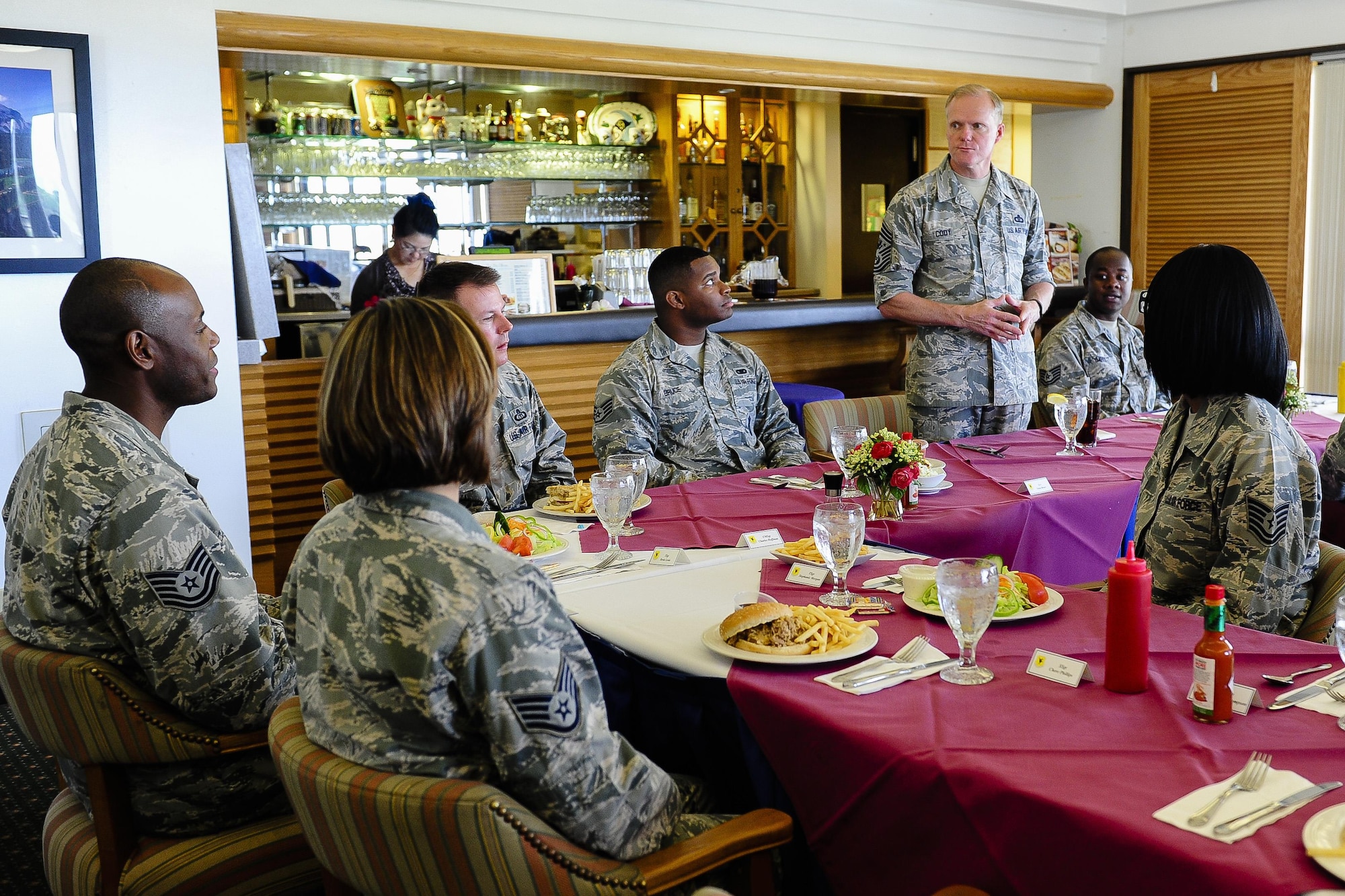 Chief Master Sgt. of the Air Force James Cody speaks to NCOs during a luncheon, July 8, 2015, on Kadena Air Base, Japan. Since arriving on Kadena July 5, Cody addressed challenges and opportunities facing today’s Airmen, such as possible changes to retirement, Senior NCO Academy and the recent changes to the Enlisted Evaluation System. (U.S. Air Force photo by Airman 1st Class John Linzmeier/Released)