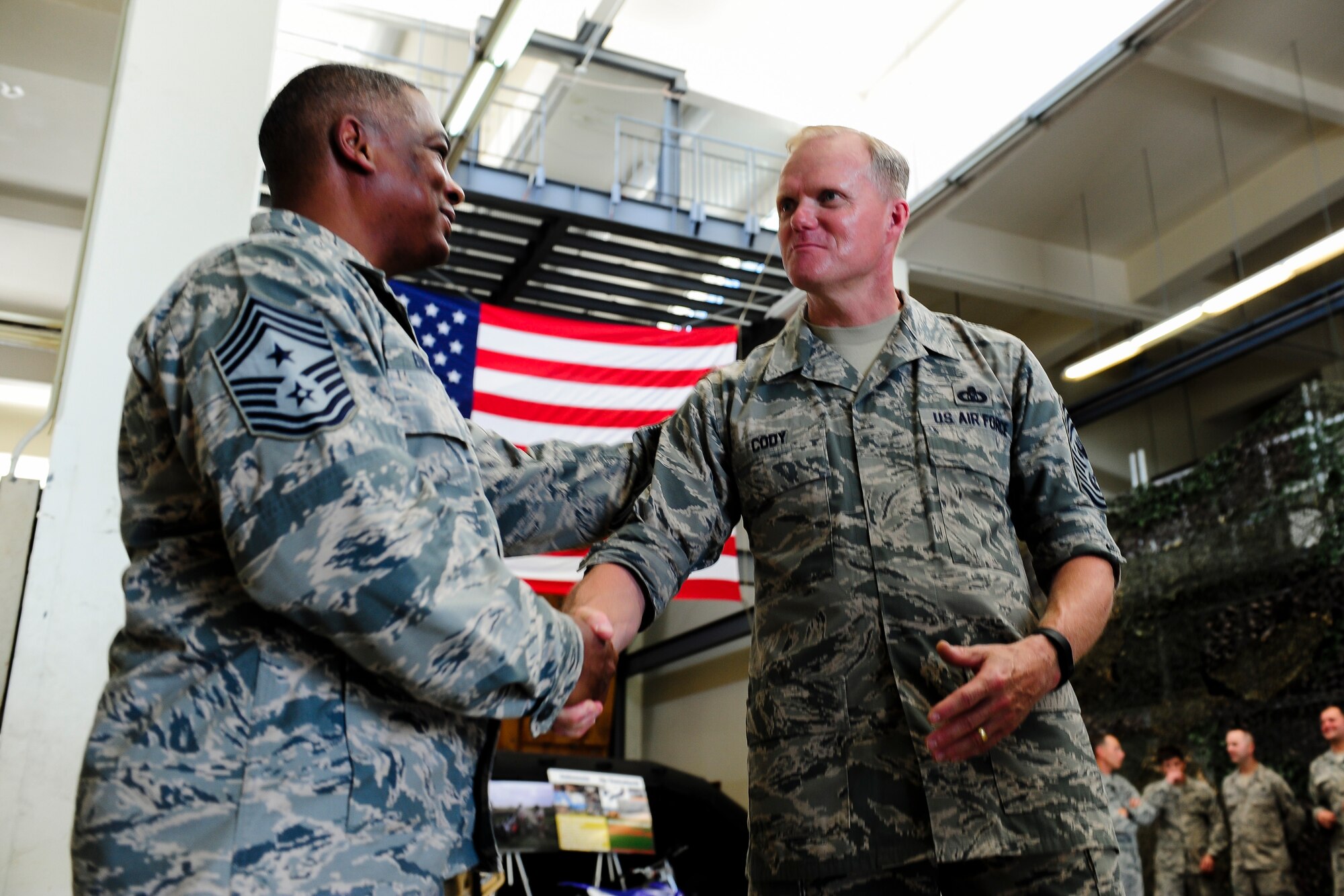 Chief Master Sgt. of the Air Force James Cody speaks to NCOs during a luncheon, July 8, 2015, on Kadena Air Base, Japan. Since arriving on Kadena July 5, Cody addressed challenges and opportunities facing today’s Airmen, such as possible changes to retirement, Senior NCO Academy and the recent changes to the Enlisted Evaluation System. (U.S. Air Force photo by Airman 1st Class John Linzmeier/Released)
