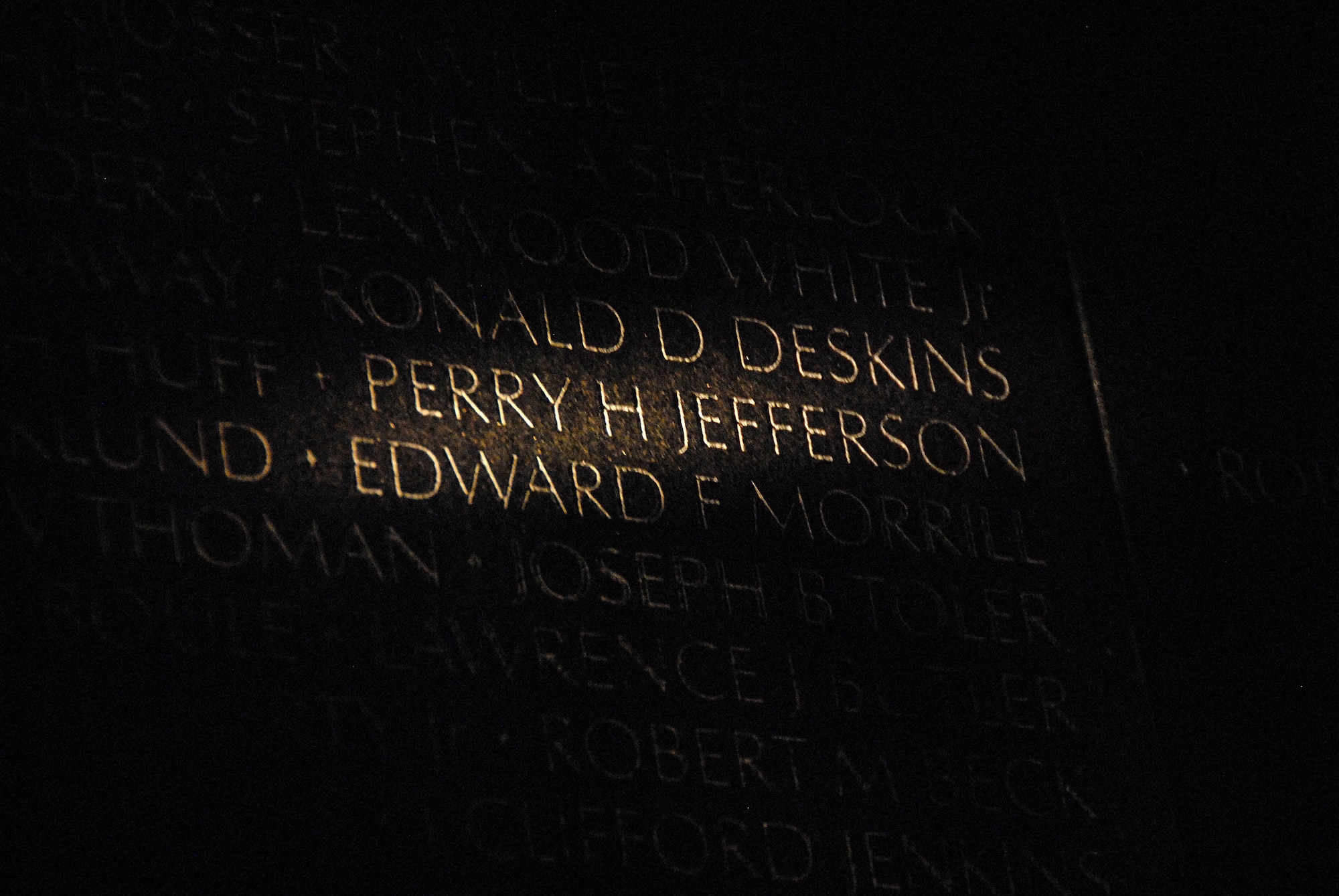 U.S. Air Force Maj. Perry Jefferson's name is etched into the Vietnam Veteran's Memorial in Washington, D.C. Jefferson, an intelligence officer with Colorado Air National Guard's 120th Tactical Fighter Squadron, went missing in action in Vietnam April 3, 1969, while working as an aerial observer on board an O-1G Bird Dog aircraft over a mountainous region in Ninh Thuan Province. His remains were interred at Arlington National Cemetery in Arlington, Va., April 3, 2008. In the weeks leading to Memorial Day 2008, the cross next to his name on the wall was etched into a diamond, signifying his belated repatriation. (U.S. Air National Guard photo by 1st Lt. Darin Overstreet)