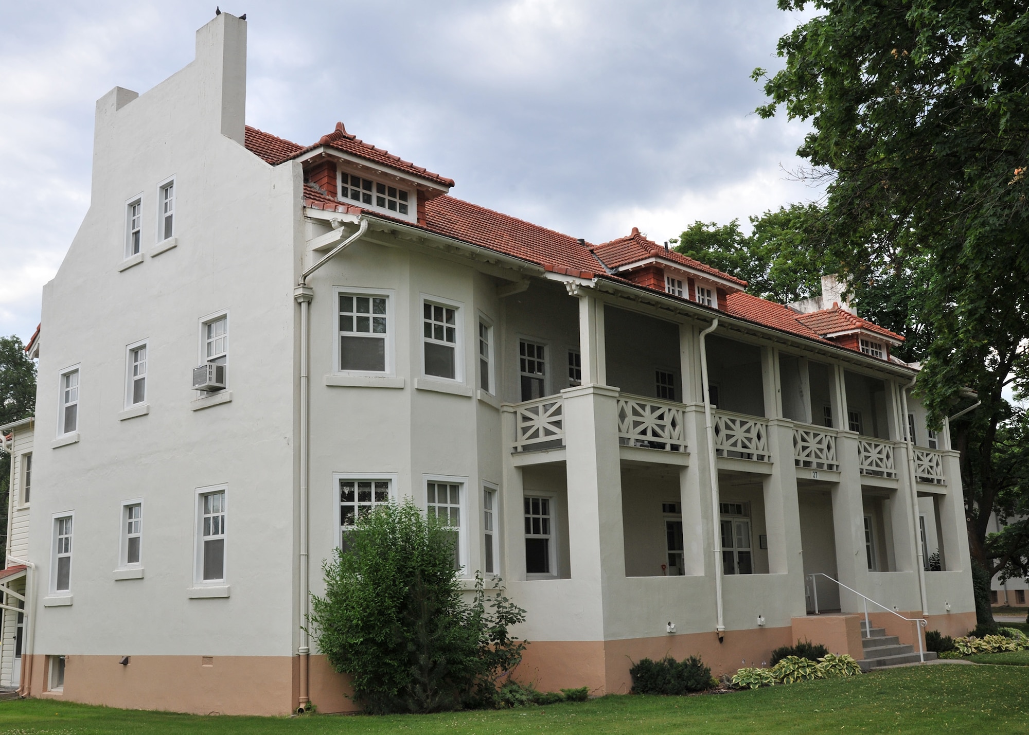 Mission Revival-style concrete buildings were built at Fort Missoula, Mont., after 1904 to modernize the post as a regimental headquarters. The company officers’ quarters are among seven residential buildings built in 1910 that were collectively known as Officers’ Row. Various agencies now use the quarters, hospital, post exchange and other buildings from this period as offices. (U.S. Air Force photo/John Turner) 
